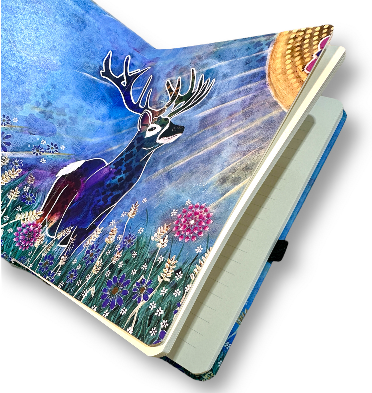 whimsy and me, whimsical deer, intuitive painting, creek, bold colors, lotus flowers, water, free, purple, turquoise, flowers, forest, trees, art, book, journal, lined
