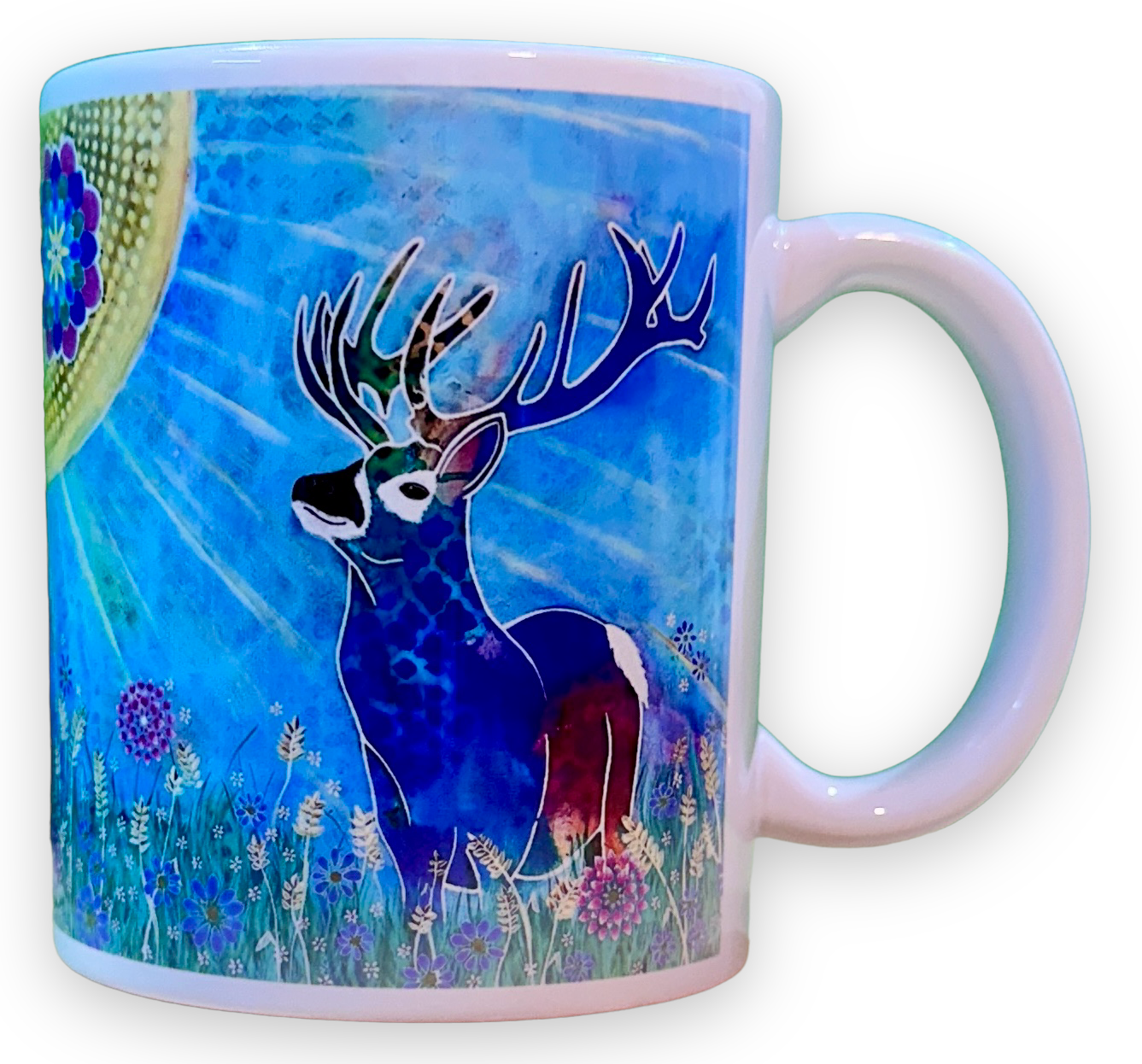 whimsy and me, whimsical deer, intuitive painting, creek, bold colors, lotus flowers, water, free, purple, turquoise, flowers, forest, trees, art, mug