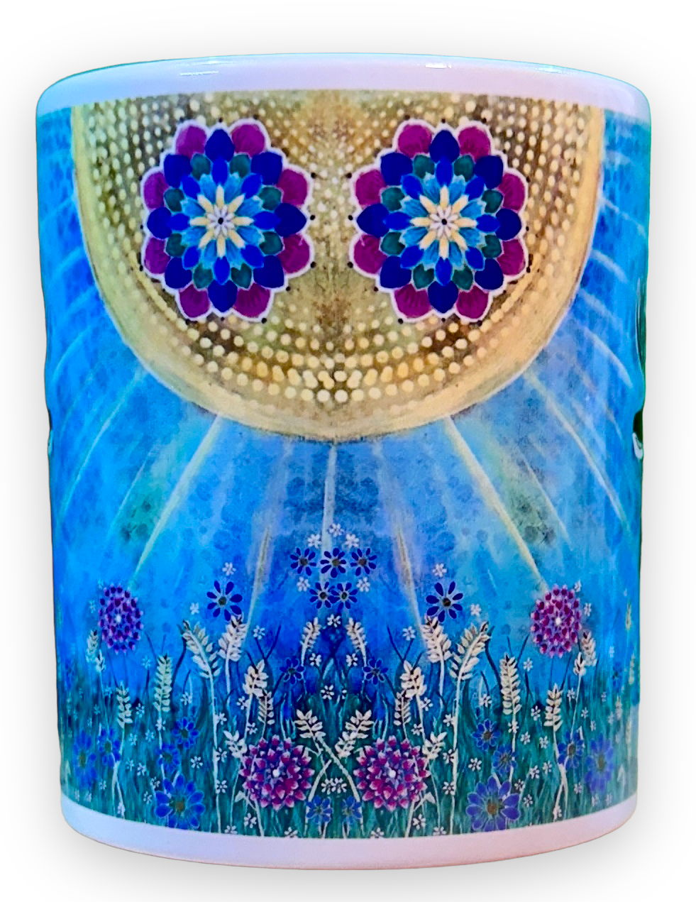 whimsy and me, whimsical deer, intuitive painting, creek, bold colors, lotus flowers, water, free, purple, turquoise, flowers, forest, trees, art, mug