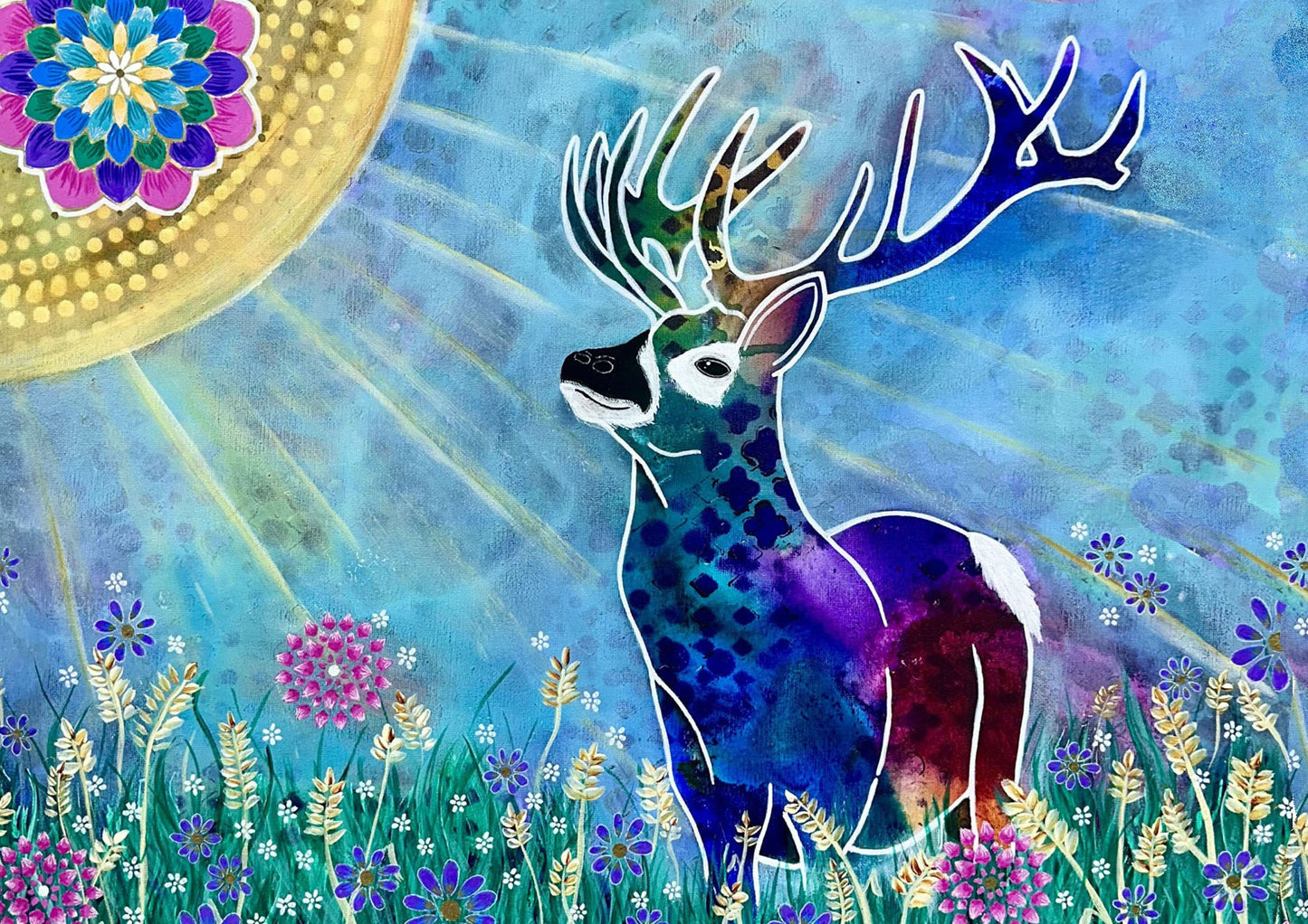 whimsy and me, whimsical deer, intuitive painting, creek, bold colors, lotus flowers, water, free, purple, turquoise, flowers, forest, trees, art print, creative