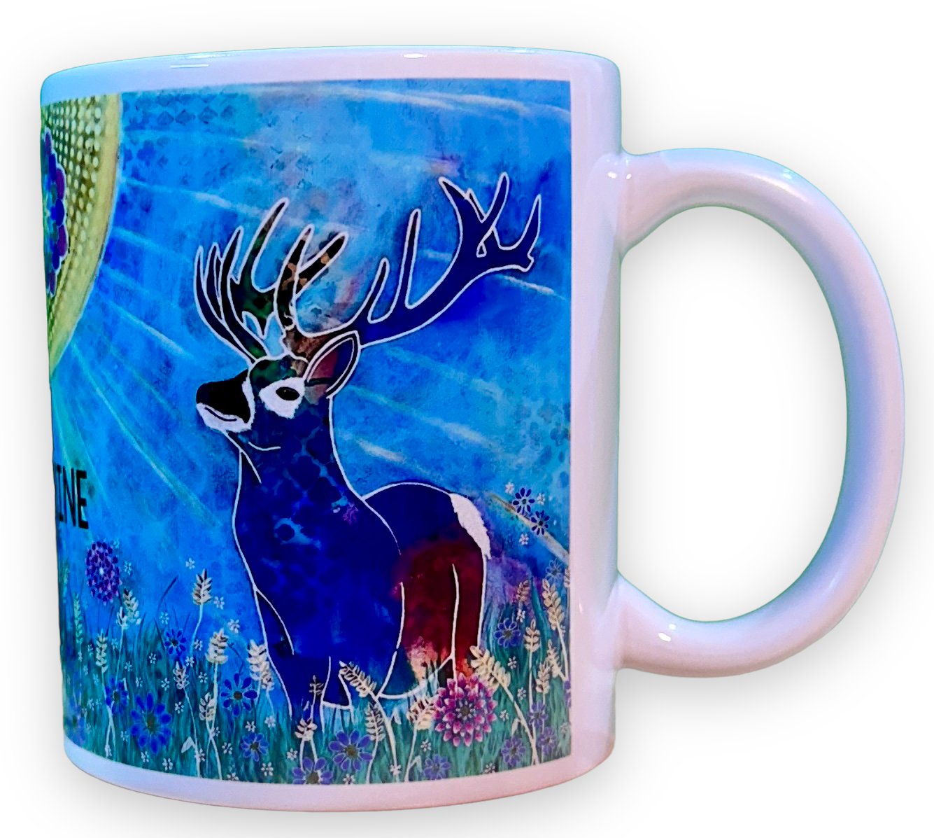 whimsy and me, whimsical deer, intuitive painting, creek, bold colors, lotus flowers, water, free, purple, turquoise, flowers, forest, trees, art, mug
