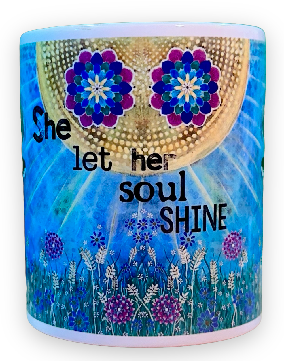 whimsy and me, whimsical deer, intuitive painting, creek, bold colors, lotus flowers, water, free, purple, turquoise, flowers, forest, trees, art, mug