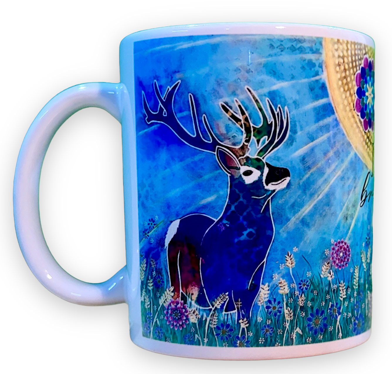 whimsy and me, whimsical deer, intuitive painting, creek, bold colors, lotus flowers, water, free, purple, turquoise, flowers, forest, trees, art, mug
