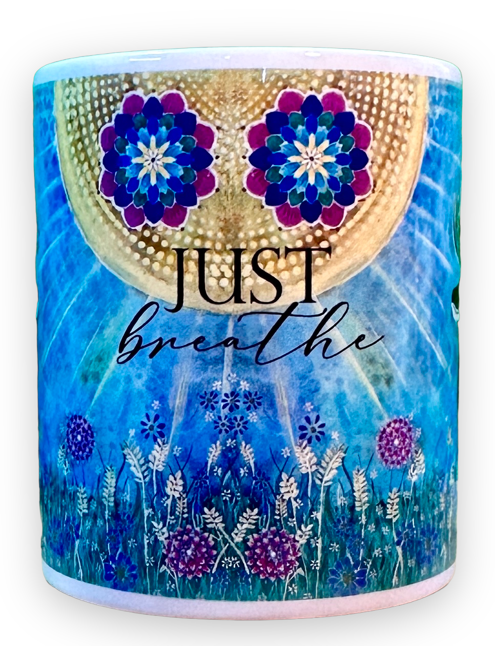 whimsy and me, whimsical deer, intuitive painting, creek, bold colors, lotus flowers, water, free, purple, turquoise, flowers, forest, trees, art, mug