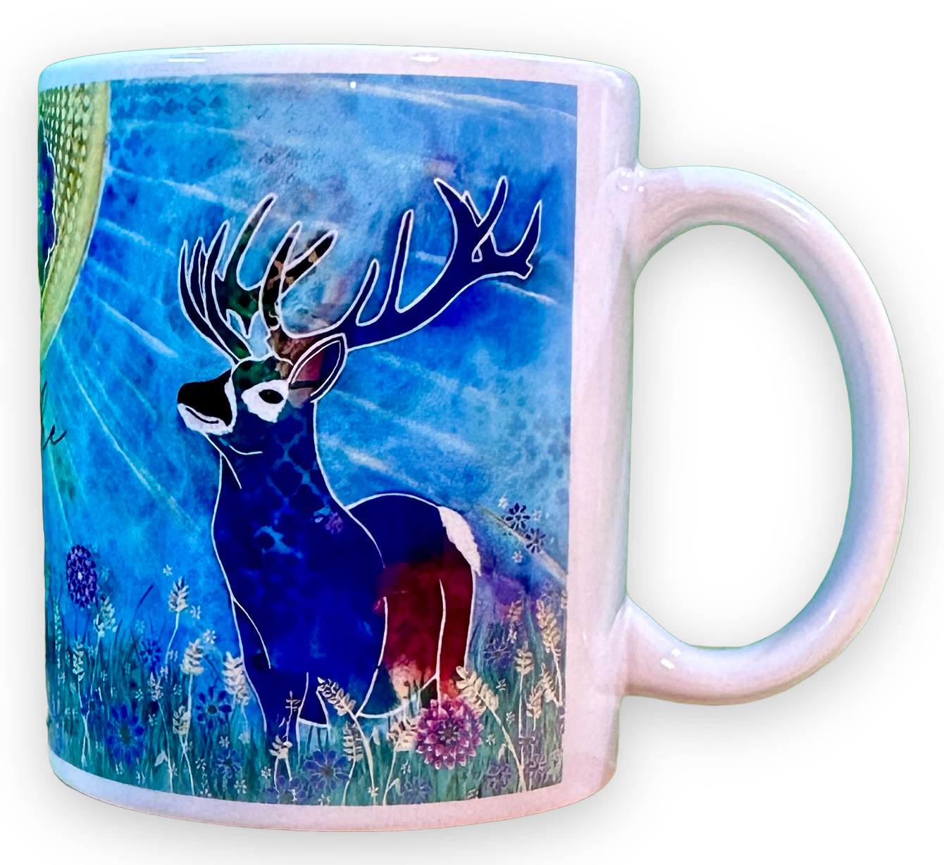 whimsy and me, whimsical deer, intuitive painting, creek, bold colors, lotus flowers, water, free, purple, turquoise, flowers, forest, trees, art, mug
