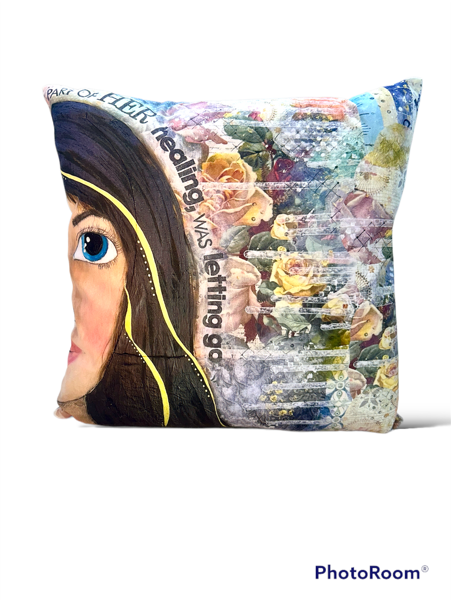 whimsy and me, multi colored, mixed media, girl, brunette, framed, recycled frame, blue eyes, whimsical girl, flowers, gold, healing, letting go, cushion cover, soft, double sided, snuggly, cosy
