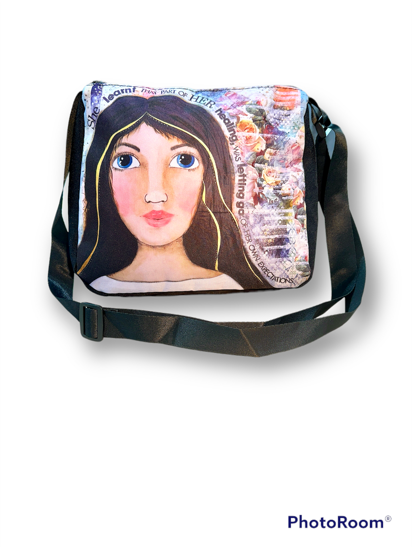 whimsy and me, multi colored, mixed media, girl, brunette, framed, recycled frame, blue eyes, whimsical girl, flowers, gold, healing, letting go, hand bag