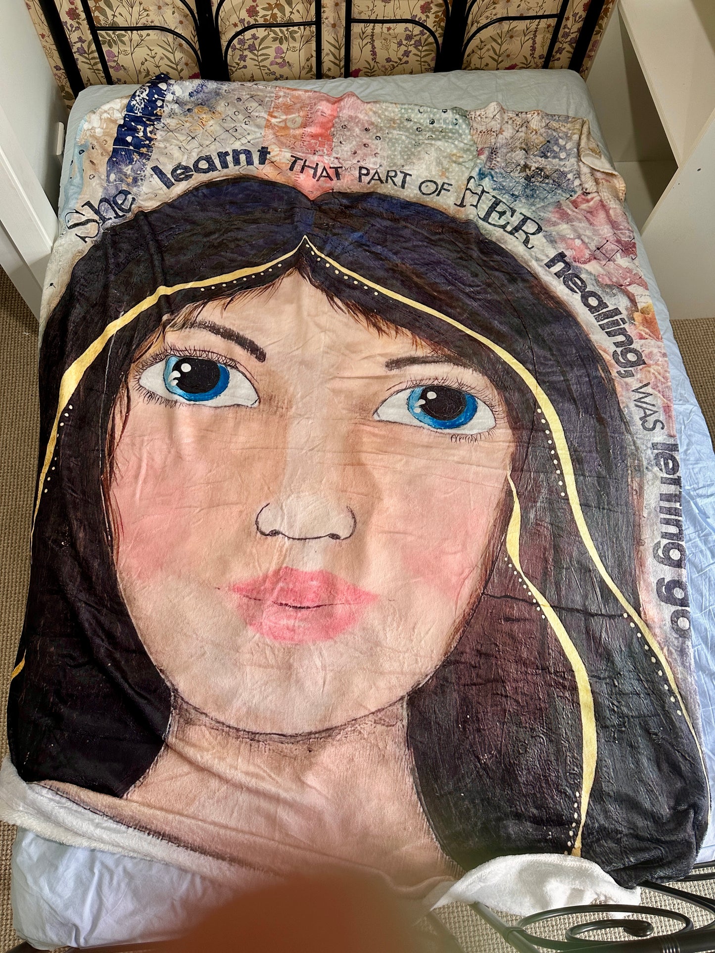 whimsy and me, multi colored, mixed media, girl, brunette, framed, recycled frame, blue eyes, whimsical girl, flowers, gold, healing, letting go, minki blanket, soft, snuggly, cosy, queen bed