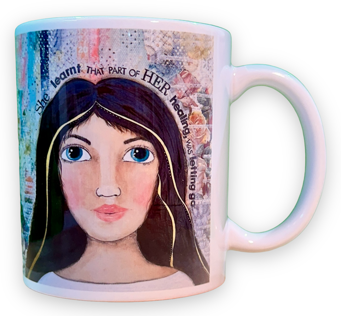 whimsy and me, multi colored, mixed media, girl, brunette, framed, recycled frame, blue eyes, whimsical girl, flowers, gold, healing, letting go, mug
