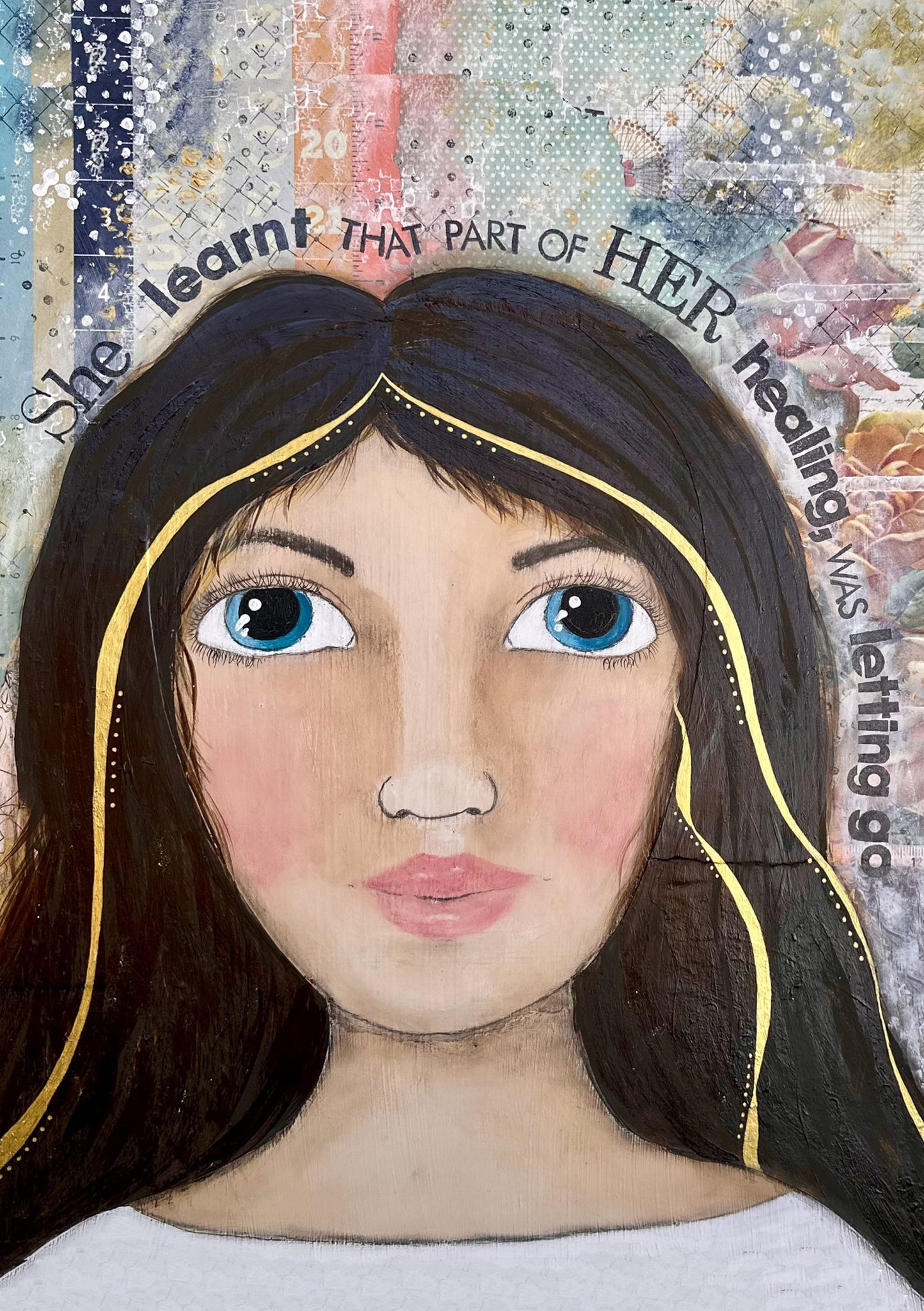 whimsy and me, multi colored, mixed media, girl, brunette, framed, recycled frame, blue eyes, whimsical girl, flowers, gold, healing, letting go, art print