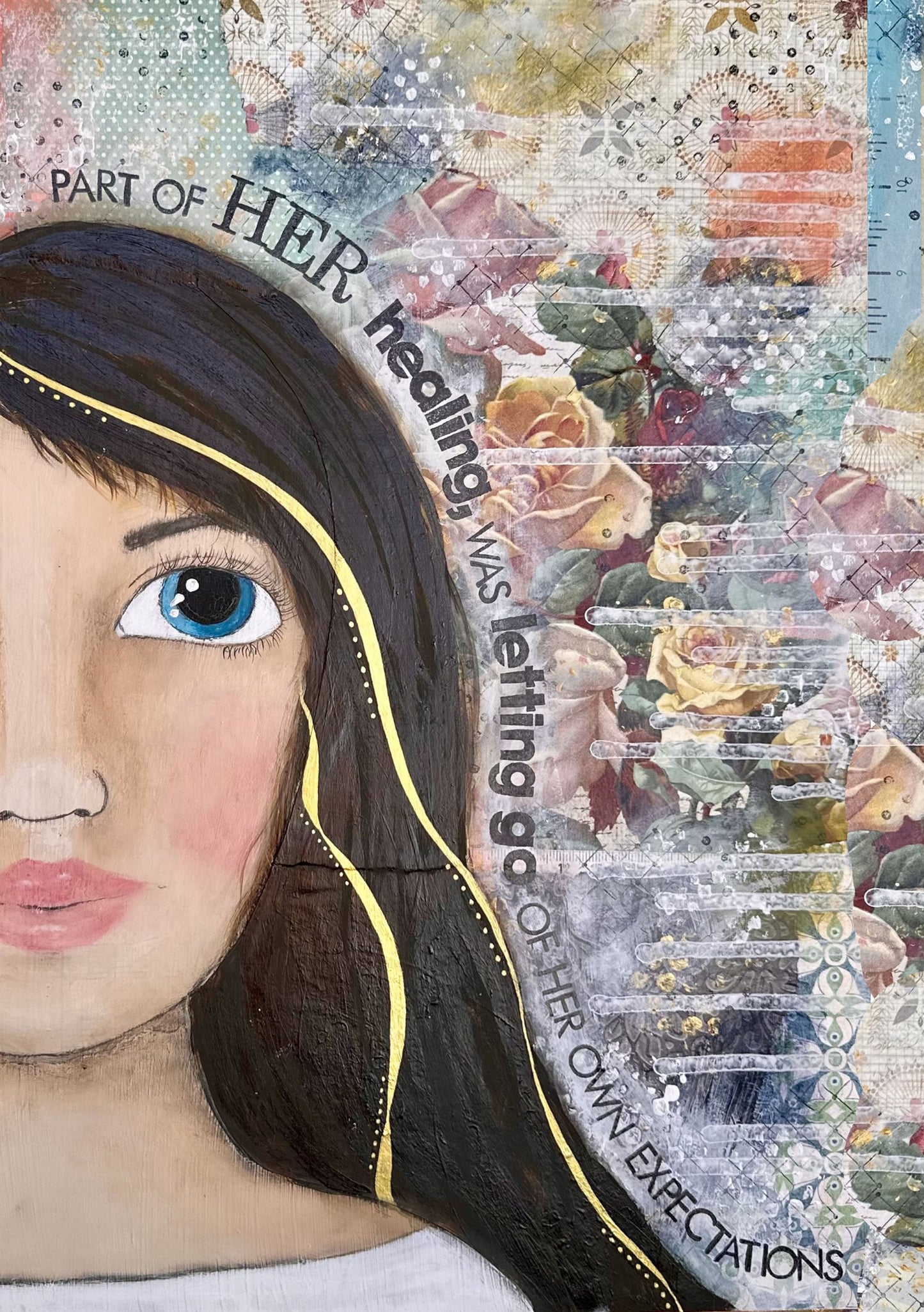 whimsy and me, multi colored, mixed media, girl, brunette, framed, recycled frame, blue eyes, whimsical girl, flowers, gold, healing, letting go, art print
