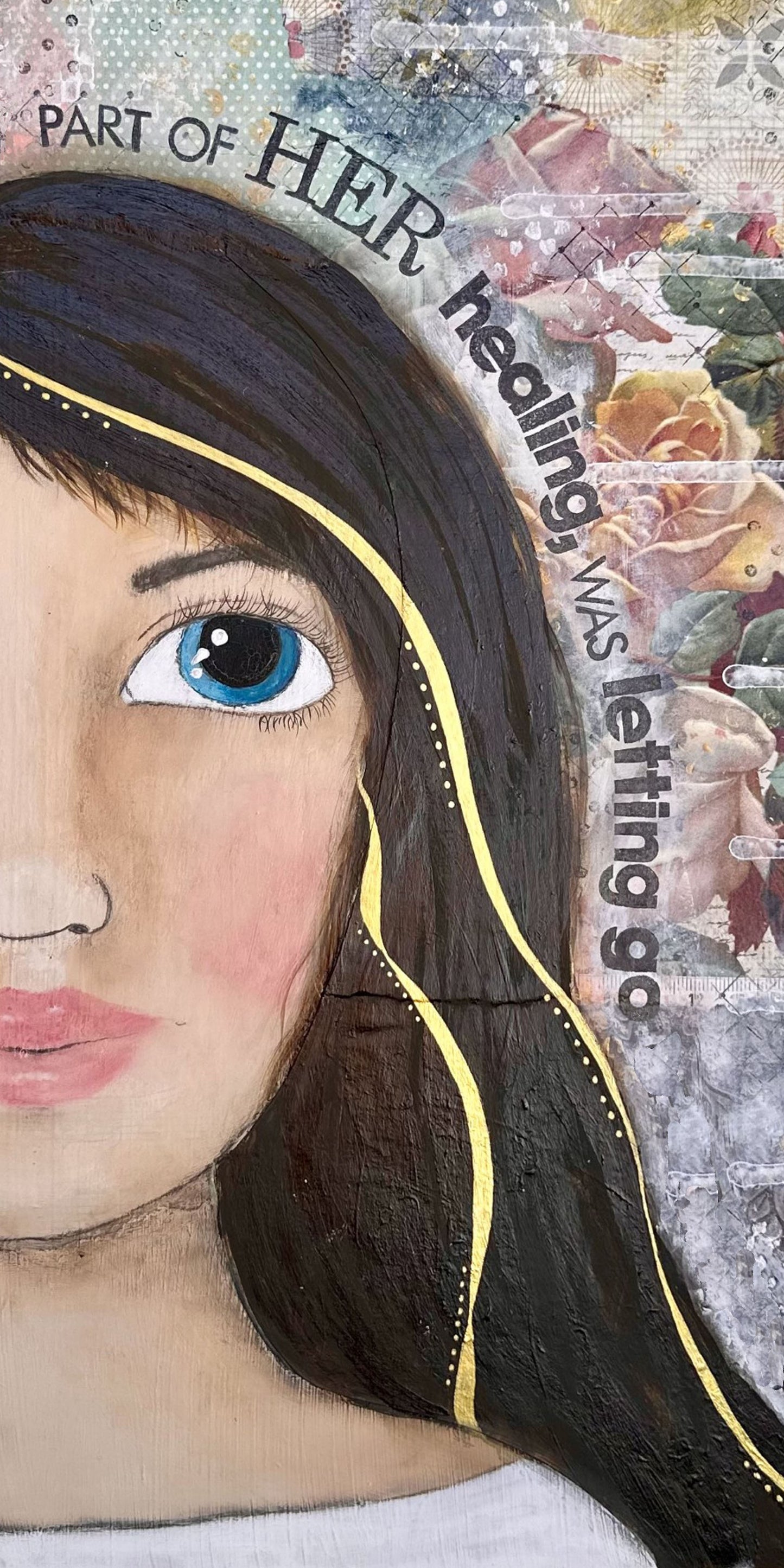 whimsy and me, multi colored, mixed media, girl, brunette, framed, recycled frame, blue eyes, whimsical girl, flowers, gold, healing, letting go, beach towel, soft, snuggly