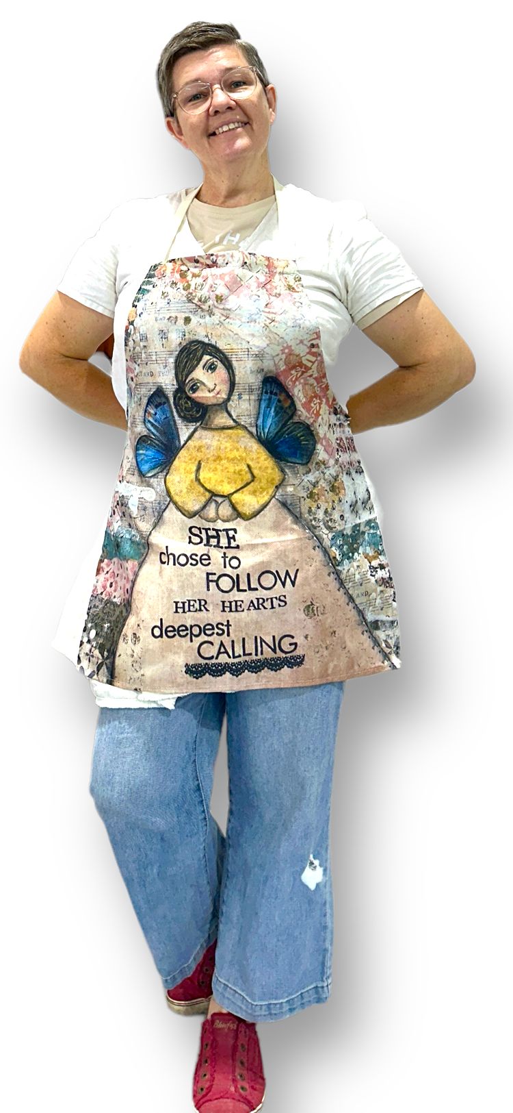 whimsy and me, multi colored, mixed media, girl, brunette, framed, recycled frame, brown eyes, whimsical girl, flowers, blue butterfly wings, gold highlights, adults apron