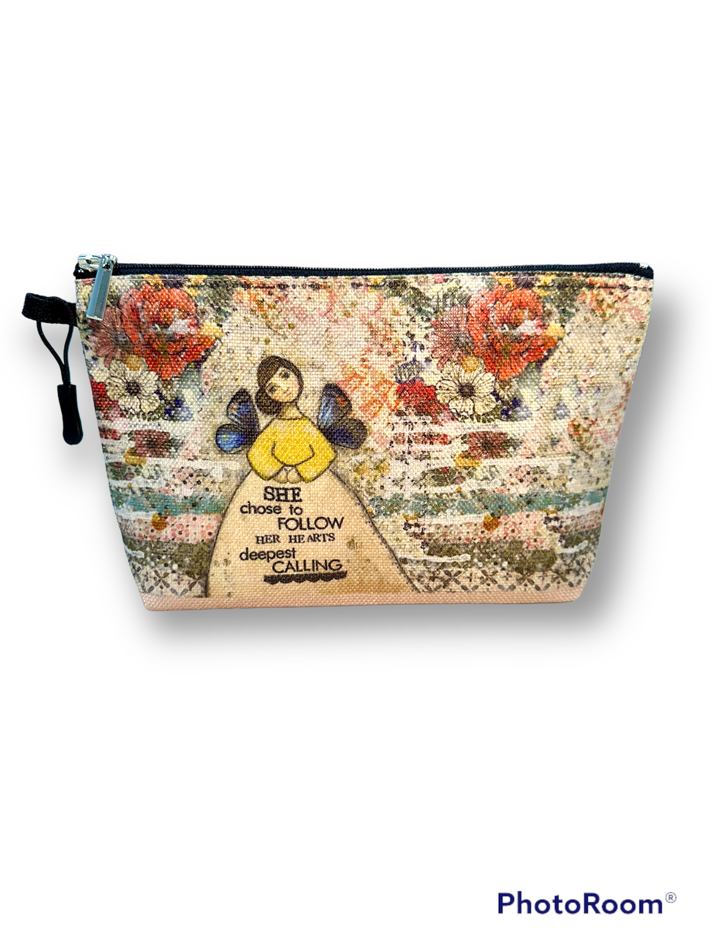 whimsy and me, multi colored, mixed media, girl, brunette, framed, recycled frame, brown eyes, whimsical girl, flowers, blue butterfly wings, gold highlights, beauty bag, soft, zipper closure, double sided