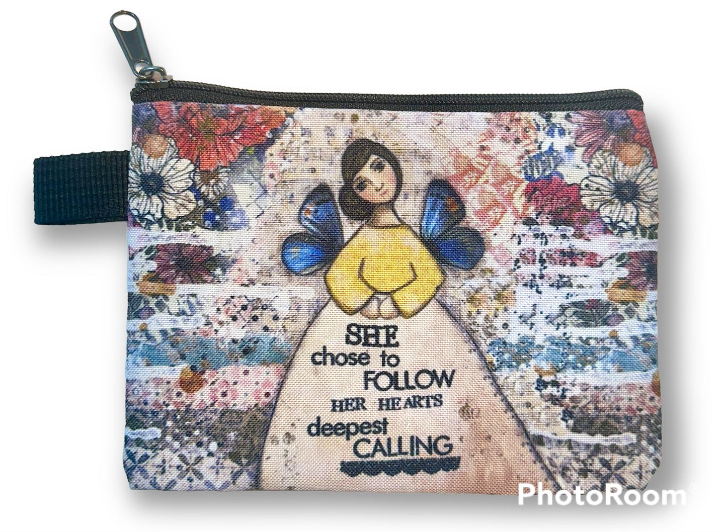 whimsy and me, multi colored, mixed media, girl, brunette, framed, recycled frame, brown eyes, whimsical girl, flowers, blue butterfly wings, gold highlights, coin purse