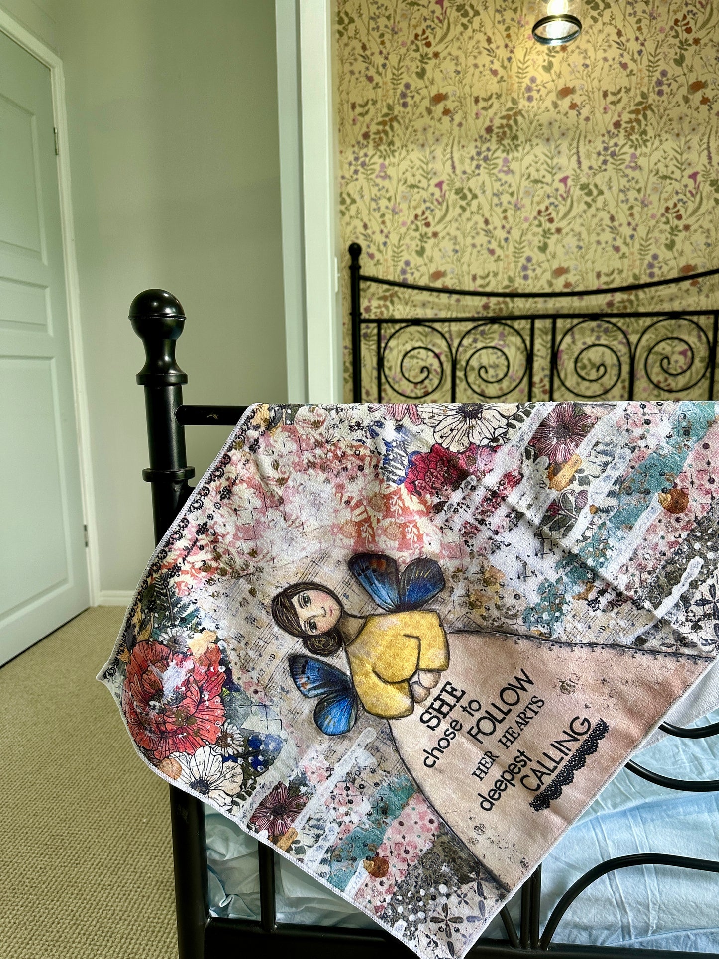 whimsy and me, multi colored, mixed media, girl, brunette, framed, recycled frame, brown eyes, whimsical girl, flowers, blue butterfly wings, gold highlights, gym towel, soft