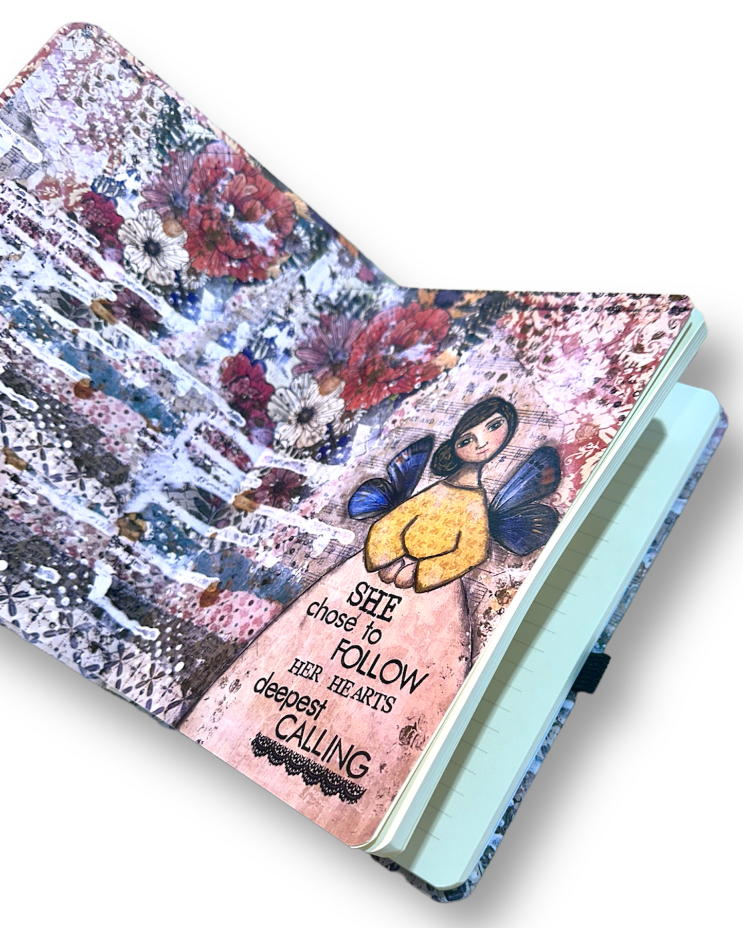 whimsy and me, multi colored, mixed media, girl, brunette, framed, recycled frame, brown eyes, whimsical girl, flowers, blue butterfly wings, gold highlights, book, art journal, journal, hard cover, lined pages