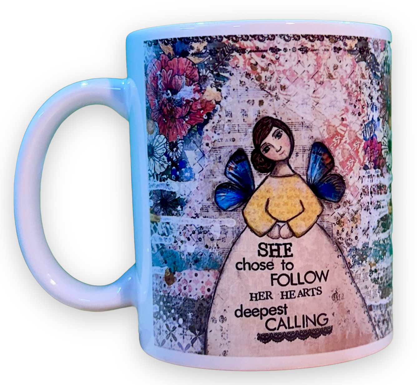 whimsy and me, multi colored, mixed media, girl, brunette, framed, recycled frame, brown eyes, whimsical girl, flowers, blue butterfly wings, gold highlights, mug