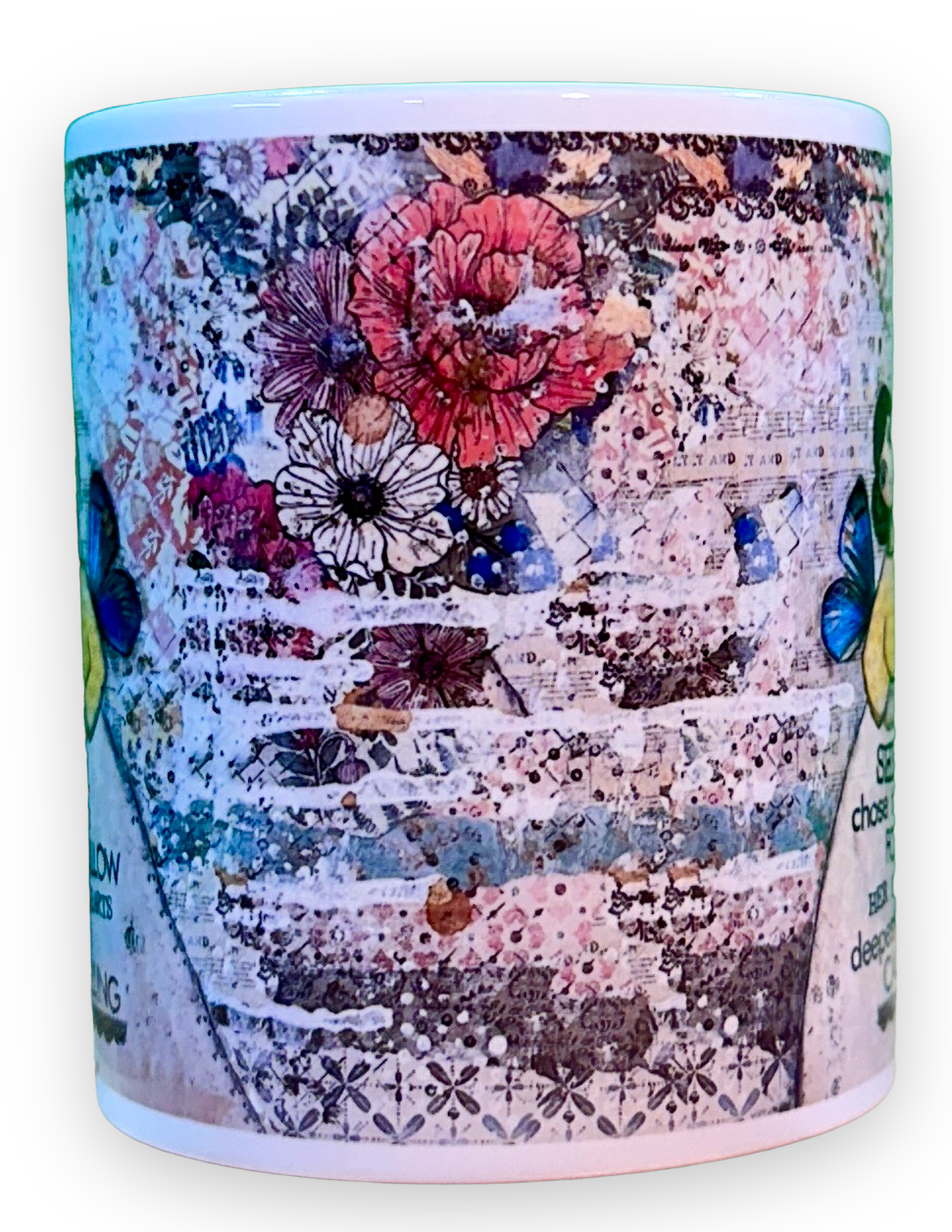 whimsy and me, multi colored, mixed media, girl, brunette, framed, recycled frame, brown eyes, whimsical girl, flowers, blue butterfly wings, gold highlights, mug