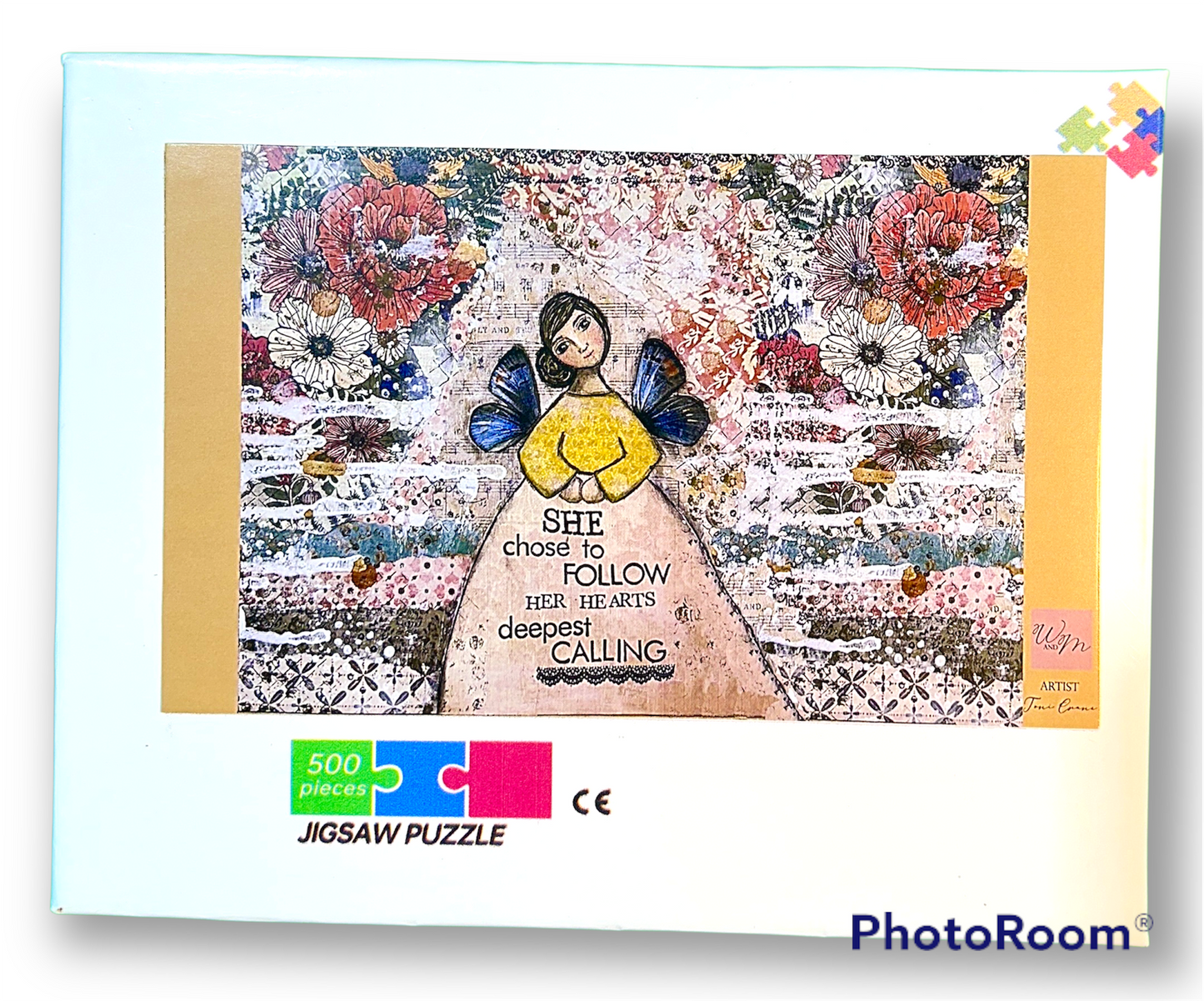 whimsy and me, multi colored, mixed media, girl, brunette, framed, recycled frame, brown eyes, whimsical girl, flowers, blue butterfly wings, gold highlights, puzzle, creative,art print