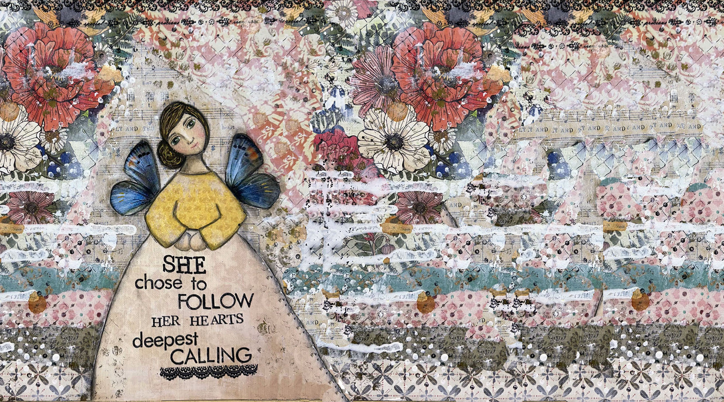 whimsy and me, multi colored, mixed media, girl, brunette, framed, recycled frame, brown eyes, whimsical girl, flowers, blue butterfly wings, gold highlights, gym towel, soft