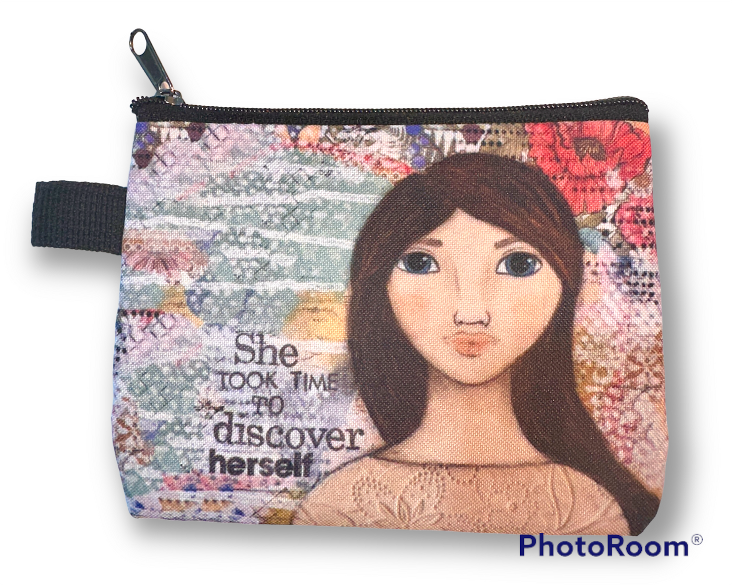 whimsy and me, multi colored, mixed media, girl, brunette, framed, recycled frame, blue eyes, whimsical girl, flowers, vintage wallpaper, discovering, coin purse, zipper closure