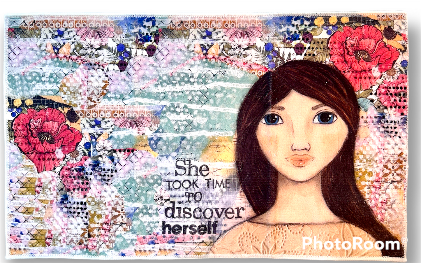 whimsy and me, multi colored, mixed media, girl, brunette, framed, recycled frame, blue eyes, whimsical girl, flowers, vintage wallpaper, discovering, hand towel, soft