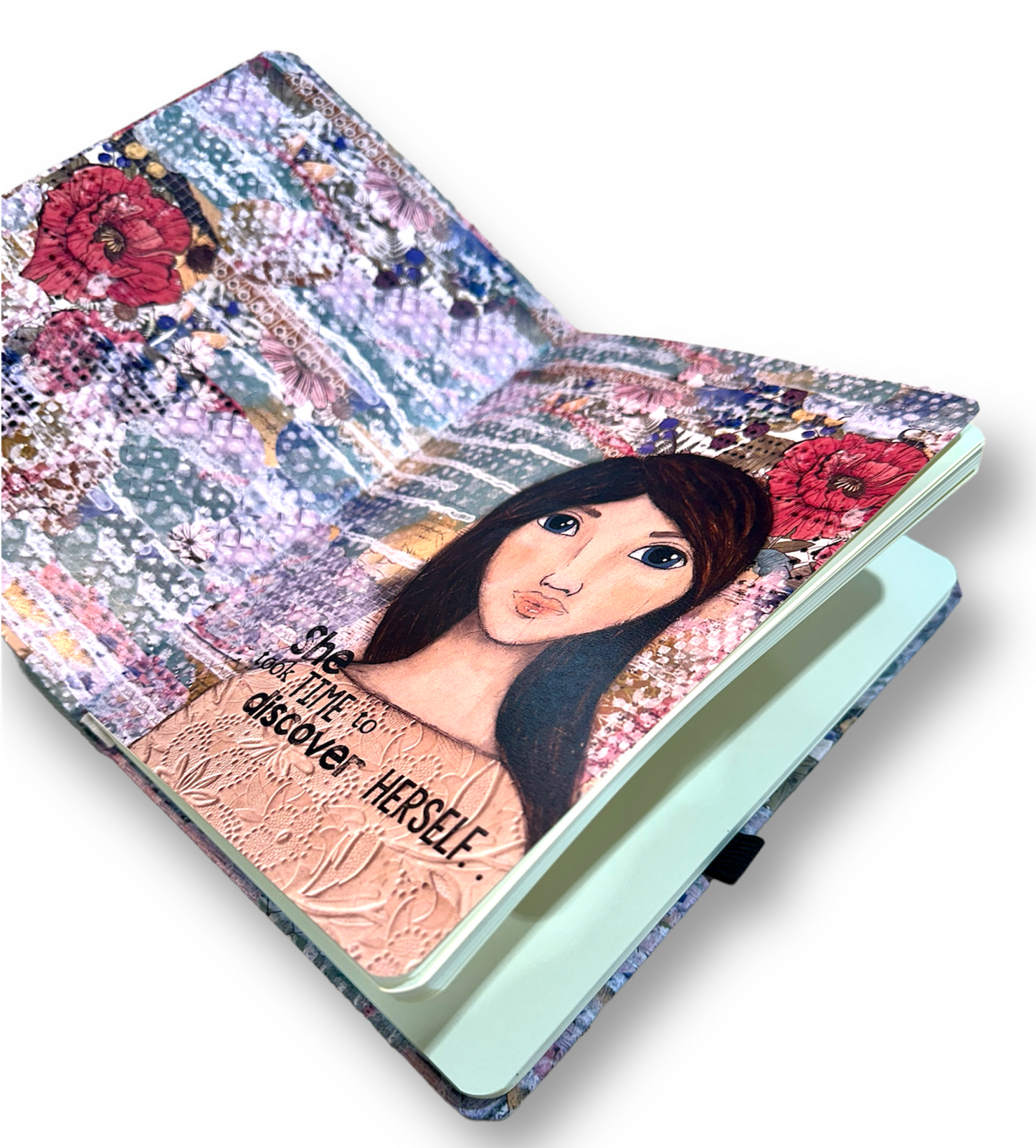 whimsy and me, multi colored, mixed media, girl, brunette, framed, recycled frame, blue eyes, whimsical girl, flowers, vintage wallpaper, discovering, sketch book, book, journal, art, hard cover