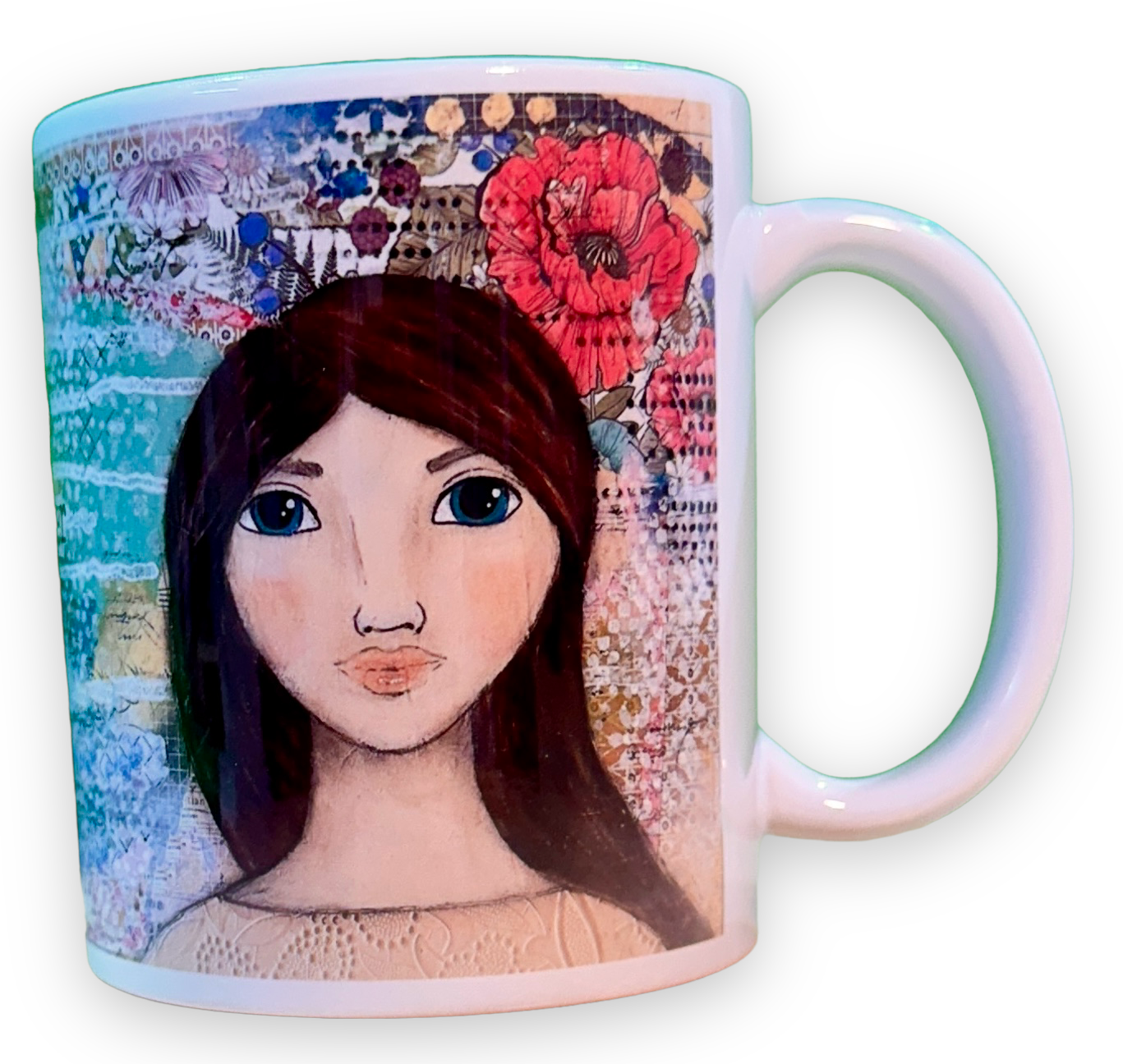 whimsy and me, multi colored, mixed media, girl, brunette, framed, recycled frame, blue eyes, whimsical girl, flowers, vintage wallpaper, discovering, gold frame, mug