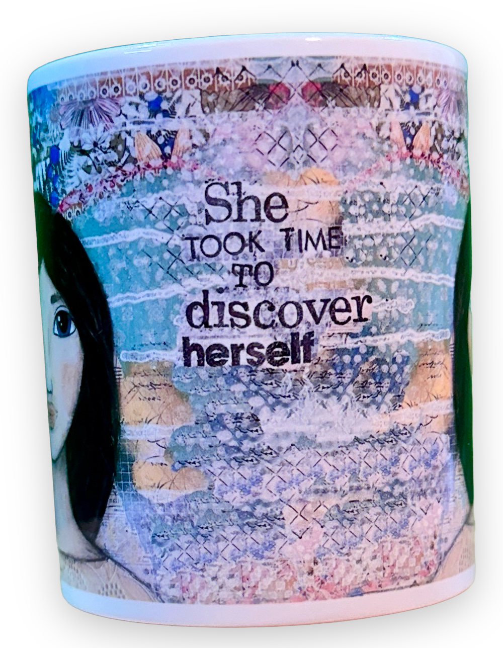 whimsy and me, multi colored, mixed media, girl, brunette, framed, recycled frame, blue eyes, whimsical girl, flowers, vintage wallpaper, discovering, gold frame, mug