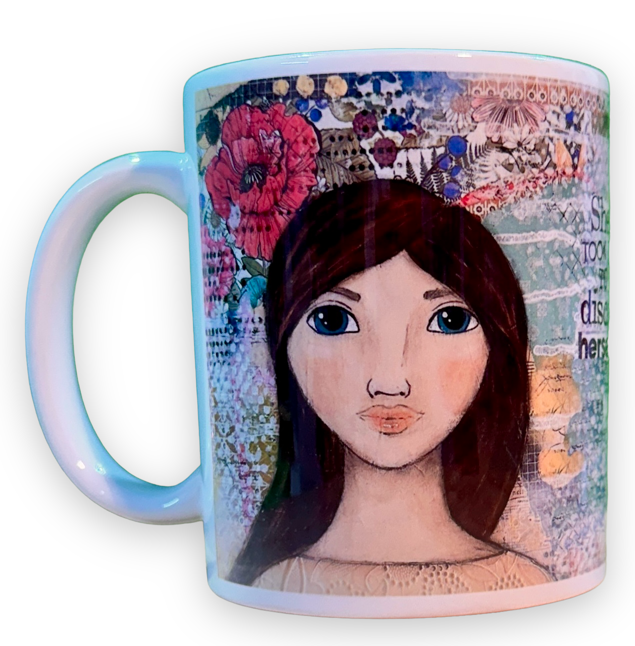 whimsy and me, multi colored, mixed media, girl, brunette, framed, recycled frame, blue eyes, whimsical girl, flowers, vintage wallpaper, discovering, gold frame, mug