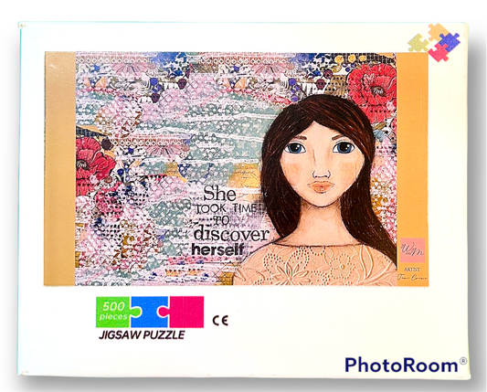 whimsy and me, multi colored, mixed media, girl, brunette, framed, recycled frame, blue eyes, whimsical girl, flowers, vintage wallpaper, discovering, puzzle, creative, fun
