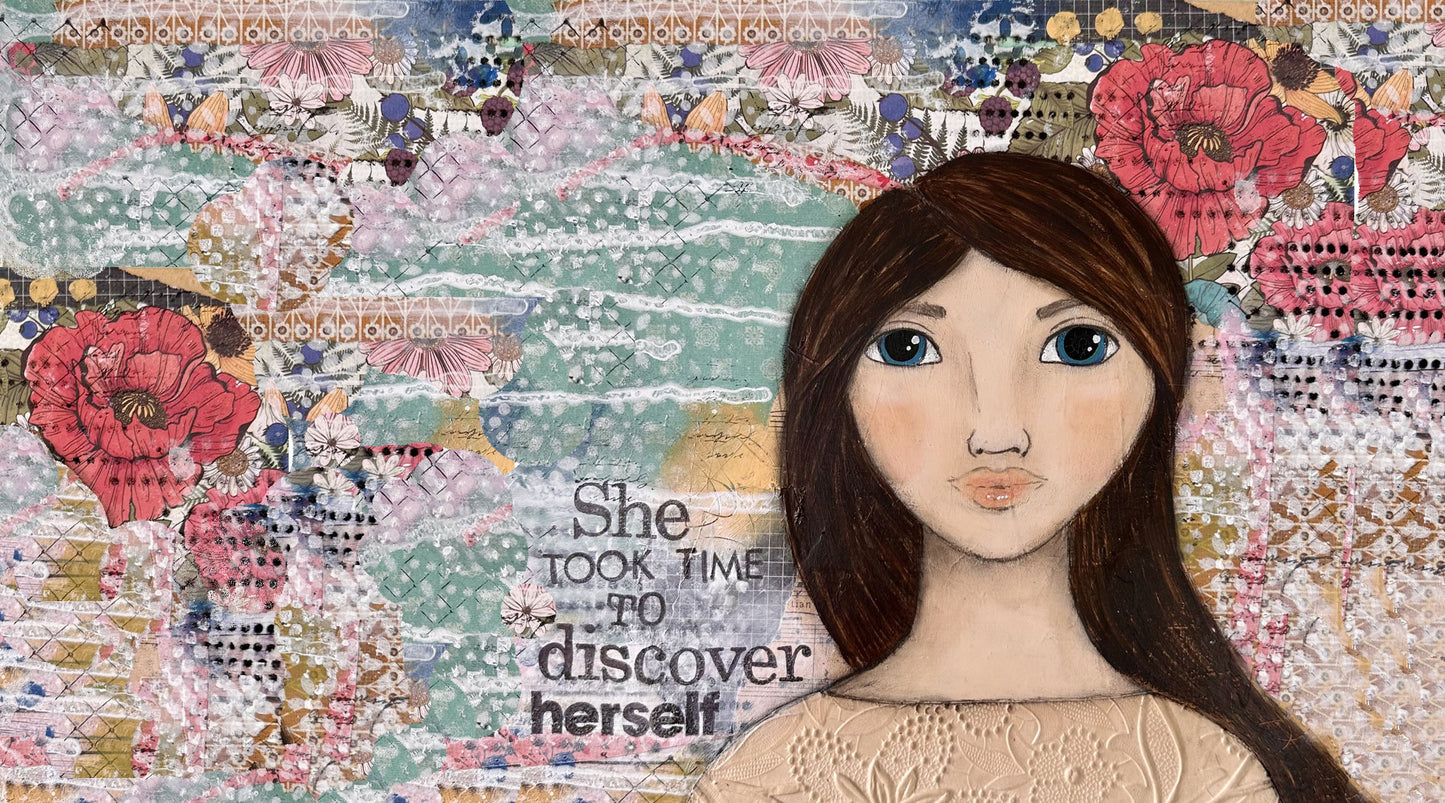 whimsy and me, multi colored, mixed media, girl, brunette, framed, recycled frame, blue eyes, whimsical girl, flowers, vintage wallpaper, discovering, gym towel, soft