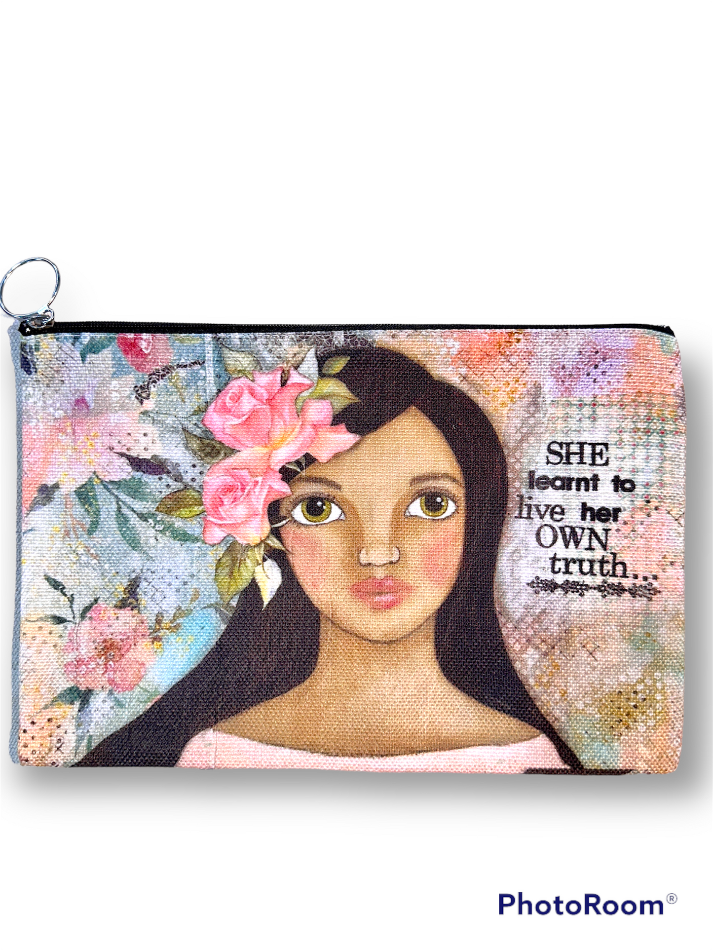 whimsy and me, multi colored, soft pink, vintage tones, island girl, mixed media, girl, brunette, framed, recycled frame, hazel eyes, whimsical girl, flowers, vintage wallpaper, learning her truth, original artwork, beauty bag, soft, zipper closure