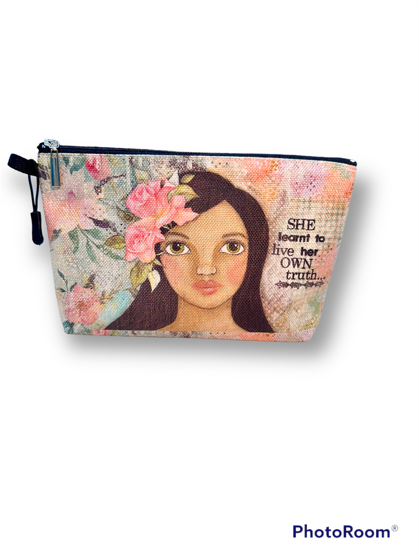 whimsy and me, multi colored, soft pink, vintage tones, island girl, mixed media, girl, brunette, framed, recycled frame, hazel eyes, whimsical girl, flowers, vintage wallpaper, learning her truth, original artwork, beauty bag, soft, zipper closure