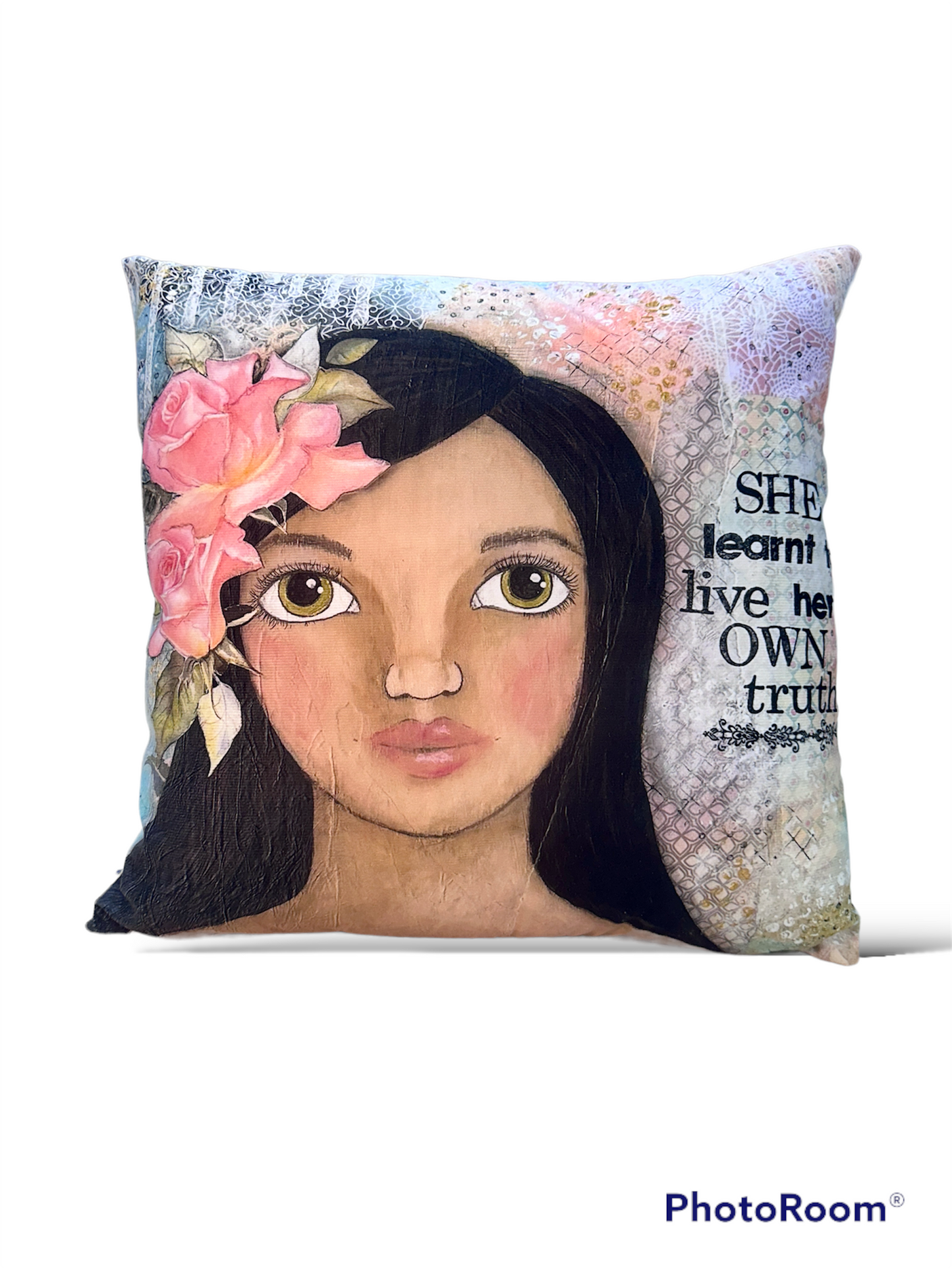 whimsy and me, multi colored, soft pink, vintage tones, island girl, mixed media, girl, brunette, framed, recycled frame, hazel eyes, whimsical girl, flowers, vintage wallpaper, learning her truth, original artwork, cushion cover, soft, zipper closure