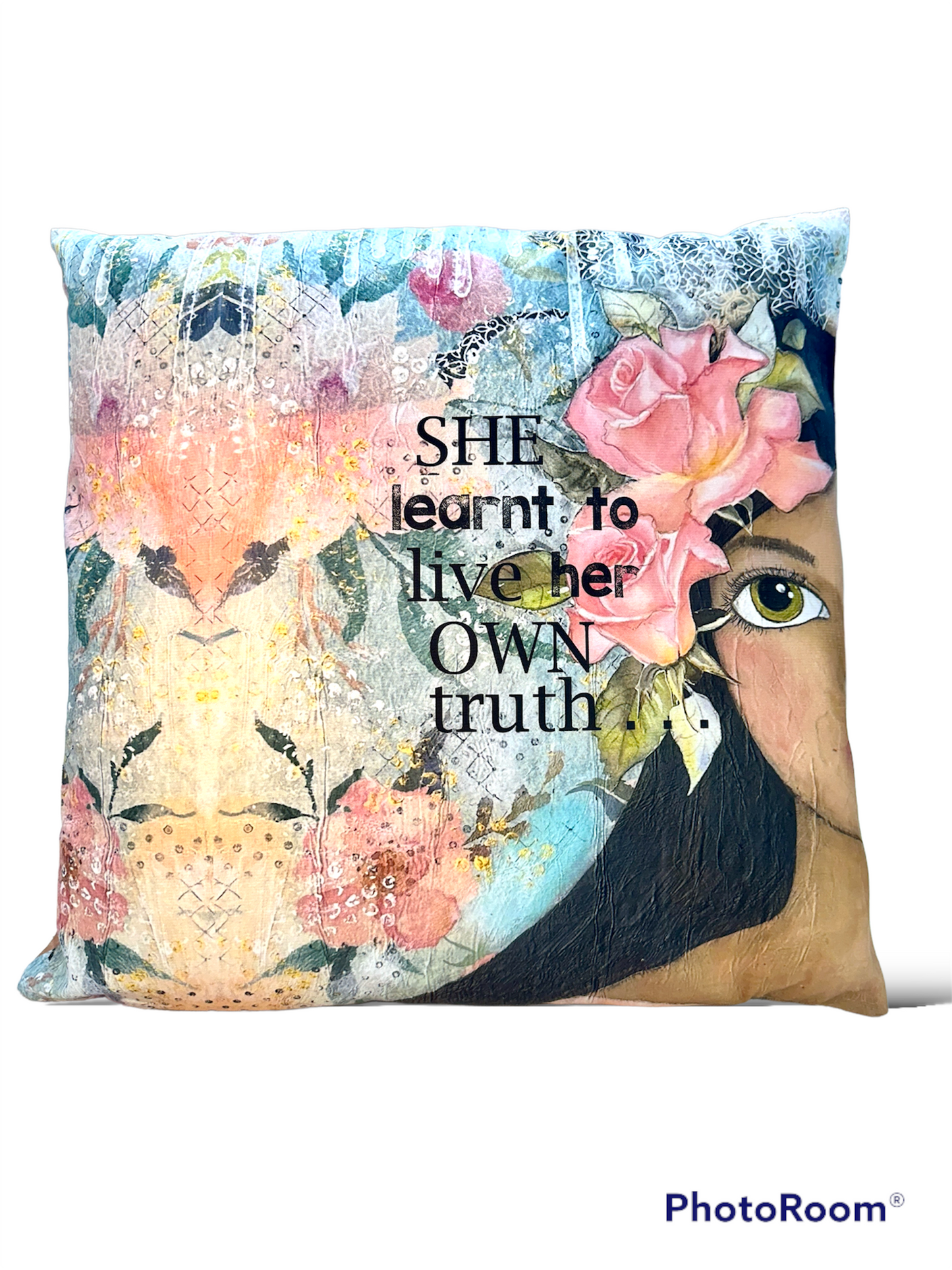 whimsy and me, multi colored, soft pink, vintage tones, island girl, mixed media, girl, brunette, framed, recycled frame, hazel eyes, whimsical girl, flowers, vintage wallpaper, learning her truth, original artwork, cushion cover, soft, zipper closure