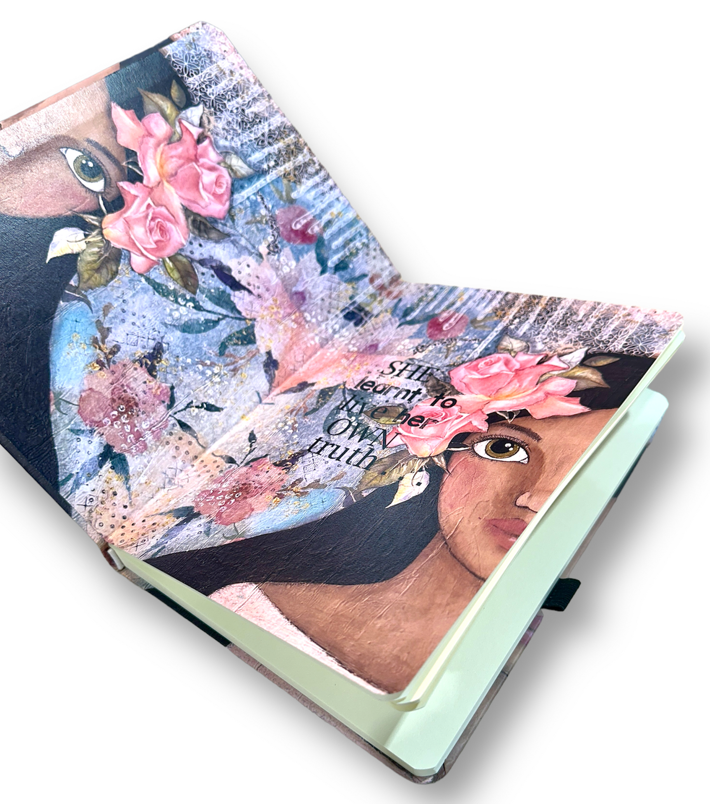 whimsy and me, multi colored, soft pink, vintage tones, island girl, mixed media, girl, brunette, framed, recycled frame, hazel eyes, whimsical girl, flowers, vintage wallpaper, learning her truth, original artwork, sketch book, journal, hard cover, art