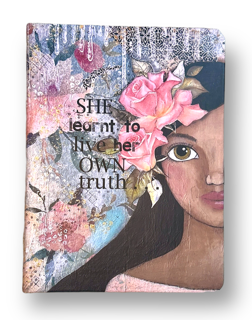 whimsy and me, multi colored, soft pink, vintage tones, island girl, mixed media, girl, brunette, framed, recycled frame, hazel eyes, whimsical girl, flowers, vintage wallpaper, learning her truth, original artwork, sketch book, journal, hard cover, art
