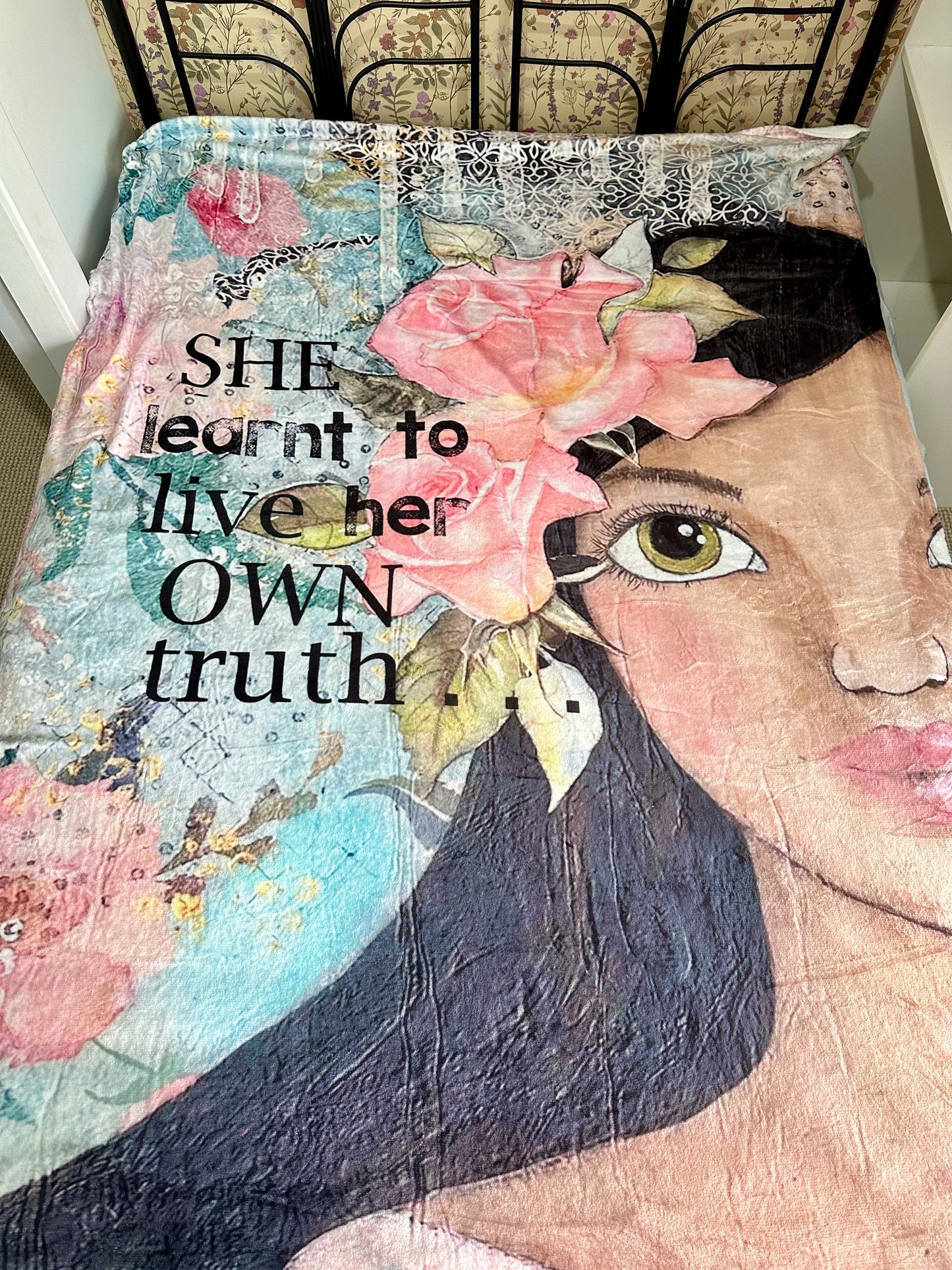 whimsy and me, multi colored, soft pink, vintage tones, island girl, mixed media, girl, brunette, framed, recycled frame, hazel eyes, whimsical girl, flowers, vintage wallpaper, learning her truth, original artwork, minki blanket, soft, snuggly, cosy, queen bed