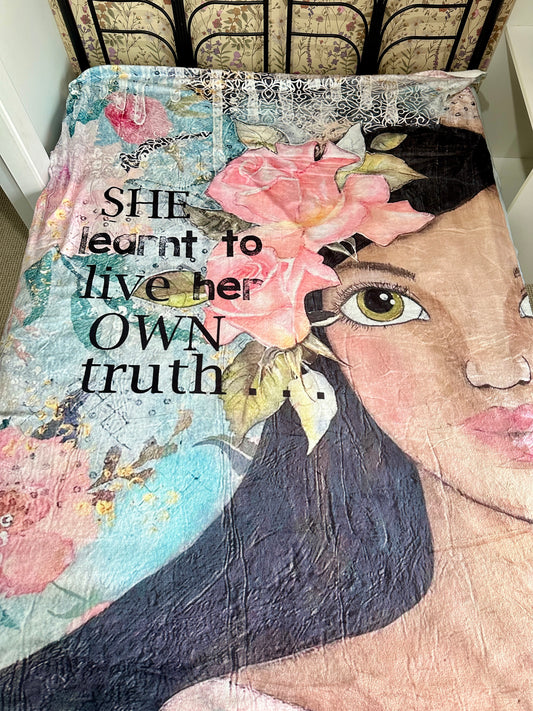 whimsy and me, multi colored, soft pink, vintage tones, island girl, mixed media, girl, brunette, framed, recycled frame, hazel eyes, whimsical girl, flowers, vintage wallpaper, learning her truth, original artwork, minki blanket, soft, snuggly, cosy, queen bed