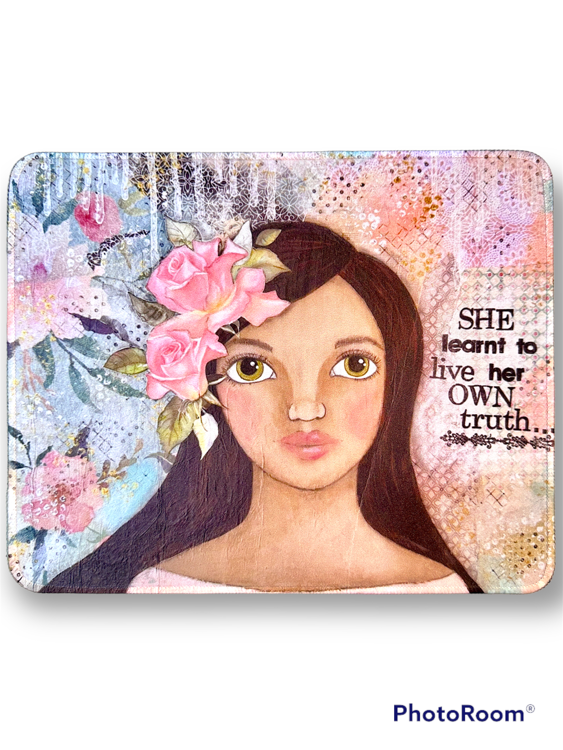 whimsy and me, multi colored, soft pink, vintage tones, island girl, mixed media, girl, brunette, framed, recycled frame, hazel eyes, whimsical girl, flowers, vintage wallpaper, learning her truth, original artwork, mouse pad, soft