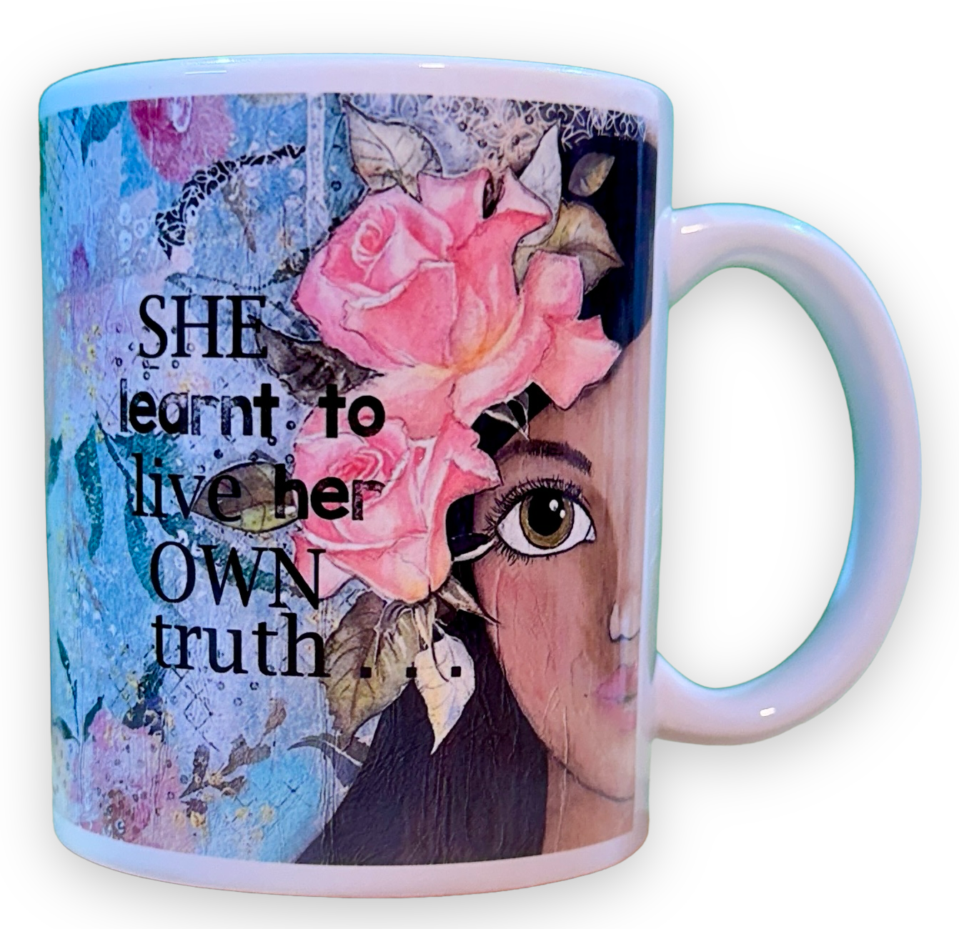 whimsy and me, multi colored, soft pink, vintage tones, island girl, mixed media, girl, brunette, framed, recycled frame, hazel eyes, whimsical girl, flowers, vintage wallpaper, learning her truth, original artwork, mug