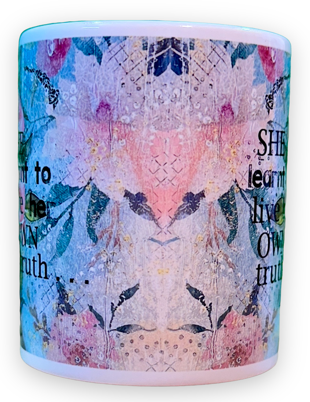 whimsy and me, multi colored, soft pink, vintage tones, island girl, mixed media, girl, brunette, framed, recycled frame, hazel eyes, whimsical girl, flowers, vintage wallpaper, learning her truth, original artwork, mug