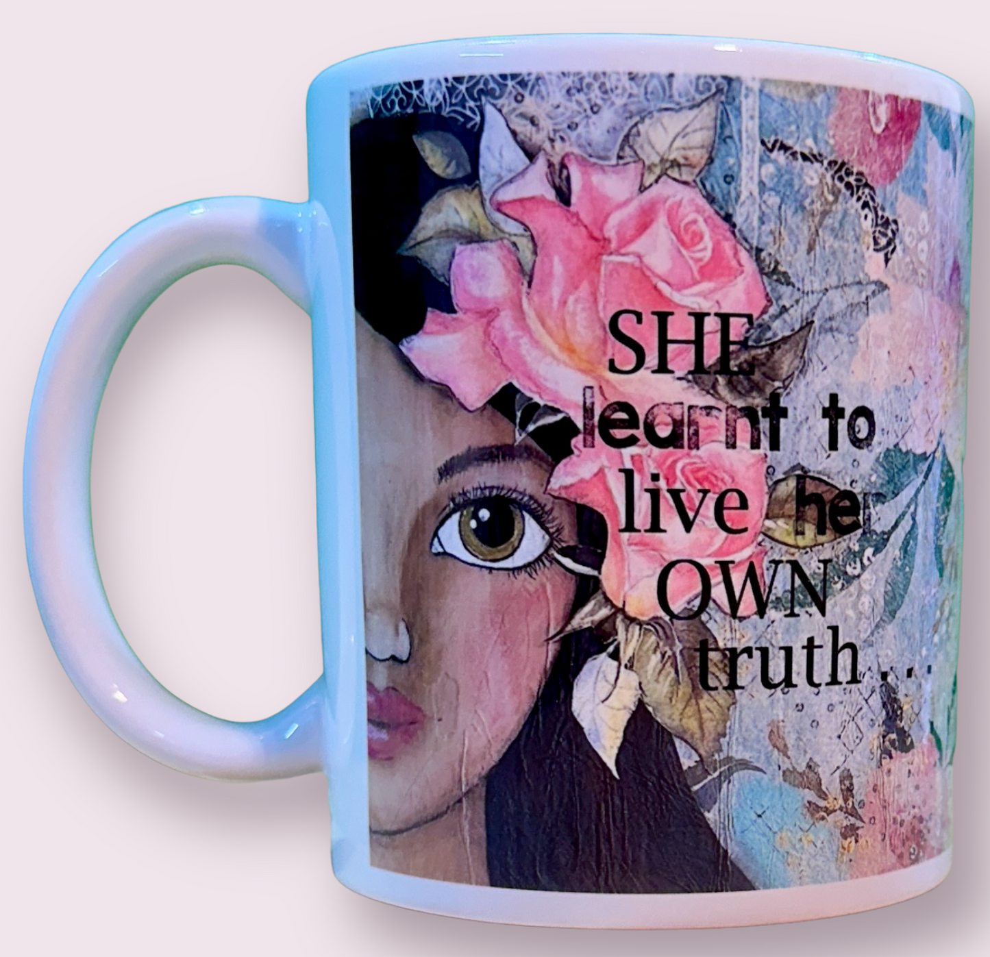 whimsy and me, multi colored, soft pink, vintage tones, island girl, mixed media, girl, brunette, framed, recycled frame, hazel eyes, whimsical girl, flowers, vintage wallpaper, learning her truth, original artwork, mug