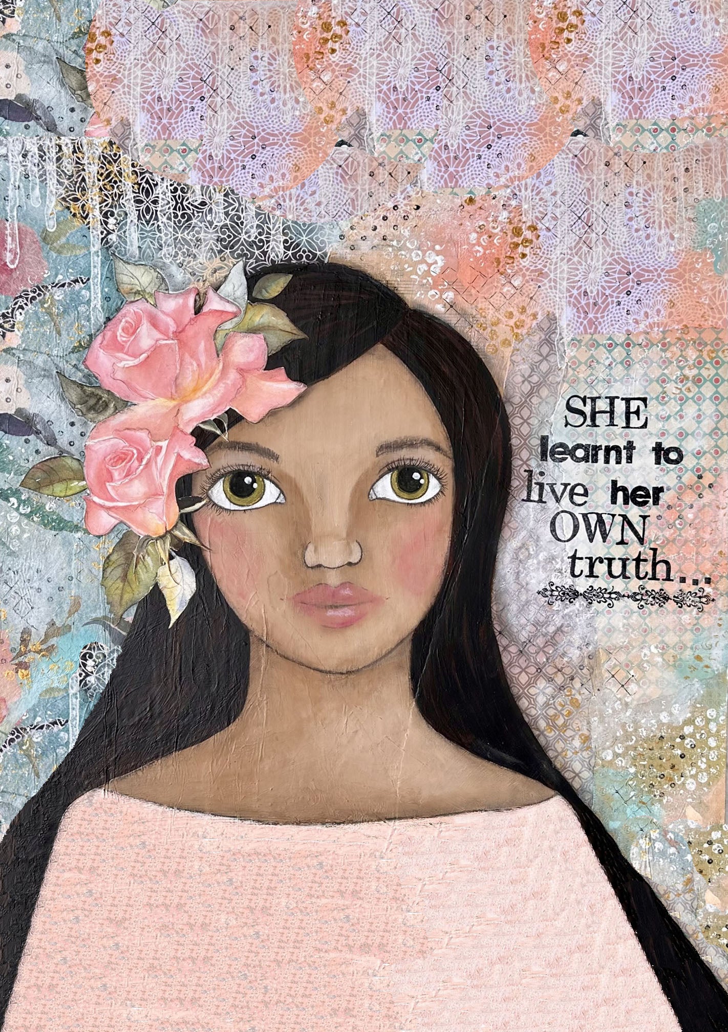 whimsy and me, multi colored, soft pink, vintage tones, island girl, mixed media, girl, brunette, framed, recycled frame, hazel eyes, whimsical girl, flowers, vintage wallpaper, learning her truth, original artwork, art print
