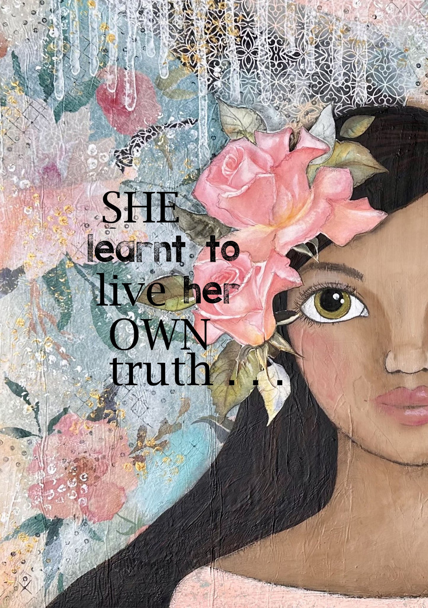 whimsy and me, multi colored, soft pink, vintage tones, island girl, mixed media, girl, brunette, framed, recycled frame, hazel eyes, whimsical girl, flowers, vintage wallpaper, learning her truth, original artwork, art print