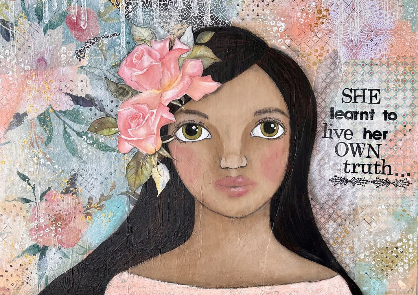 whimsy and me, multi colored, soft pink, vintage tones, island girl, mixed media, girl, brunette, framed, recycled frame, hazel eyes, whimsical girl, flowers, vintage wallpaper, learning her truth, original artwork, art print