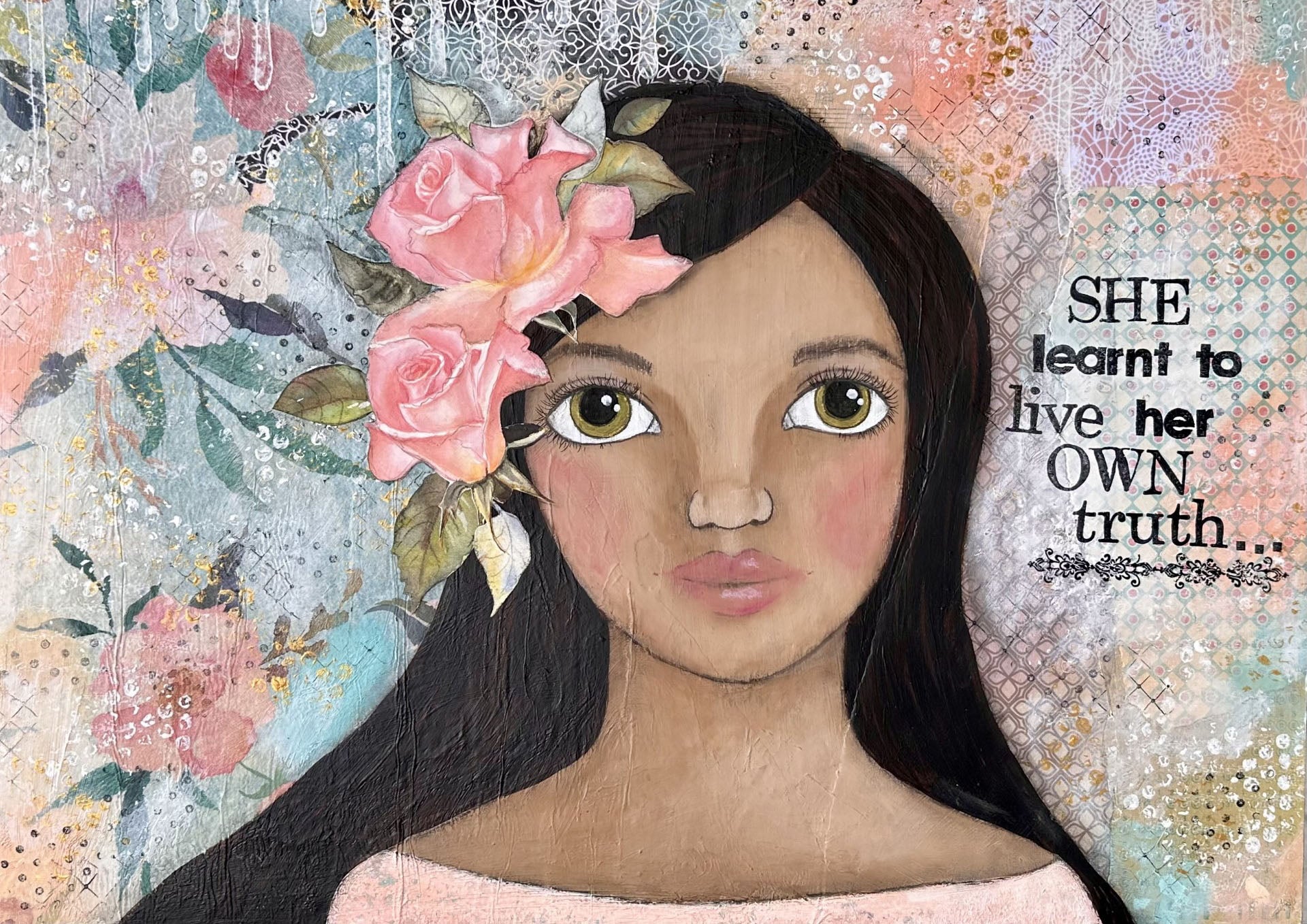 whimsy and me, multi colored, soft pink, vintage tones, island girl, mixed media, girl, brunette, framed, recycled frame, hazel eyes, whimsical girl, flowers, vintage wallpaper, learning her truth, original artwork, art print