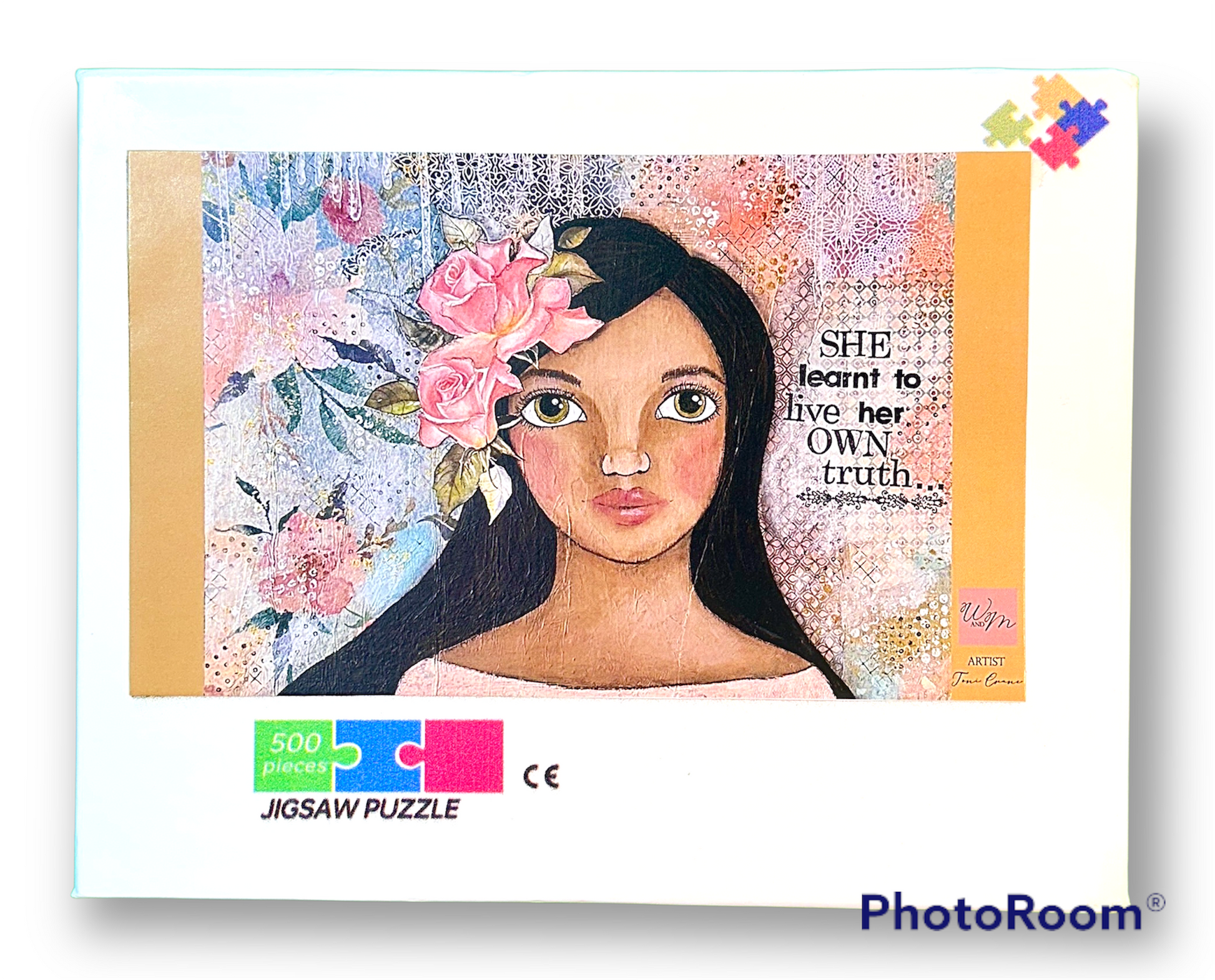 whimsy and me, multi colored, soft pink, vintage tones, island girl, mixed media, girl, brunette, framed, recycled frame, hazel eyes, whimsical girl, flowers, vintage wallpaper, learning her truth, original artwork, puzzle, fun, creative